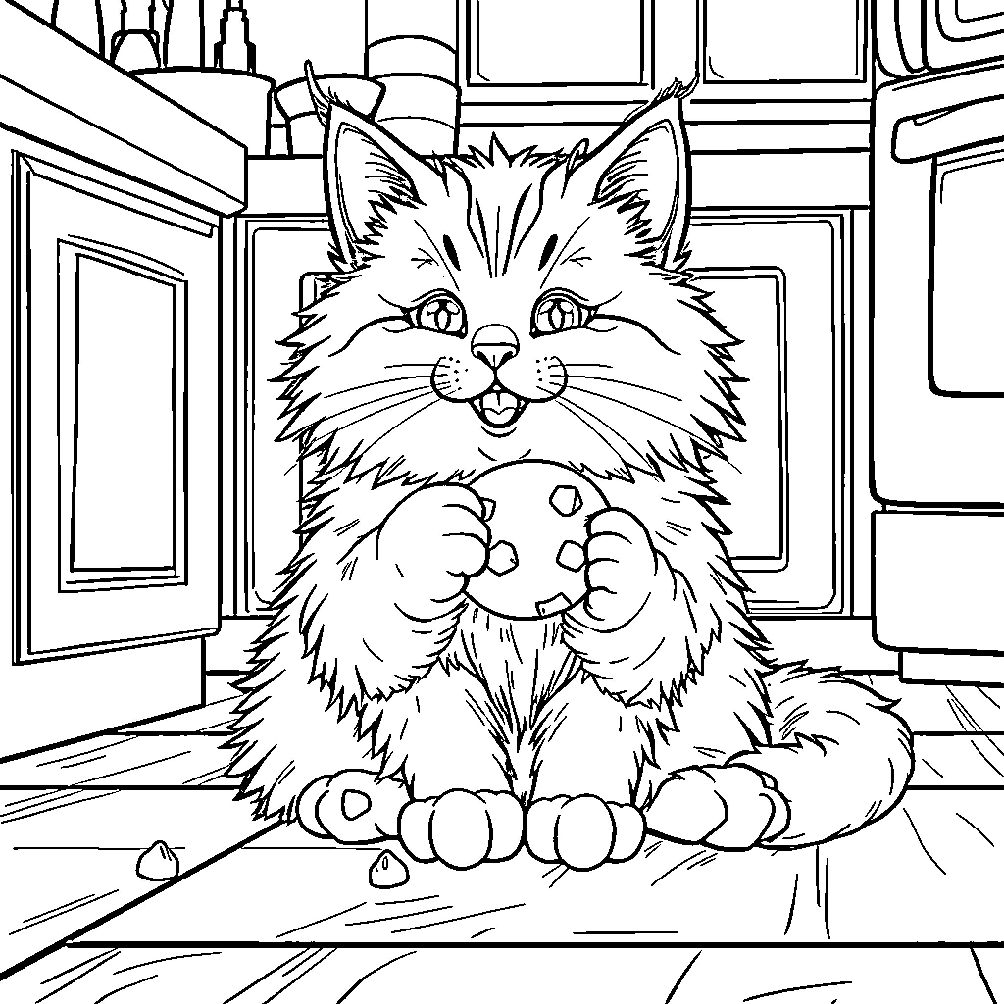 Cat enjoying cozy indoor setting Coloring Page (free black-and-white line drawing printable PDF for all, from beginners to advanced learners, including children, teens, adults, and seniors)