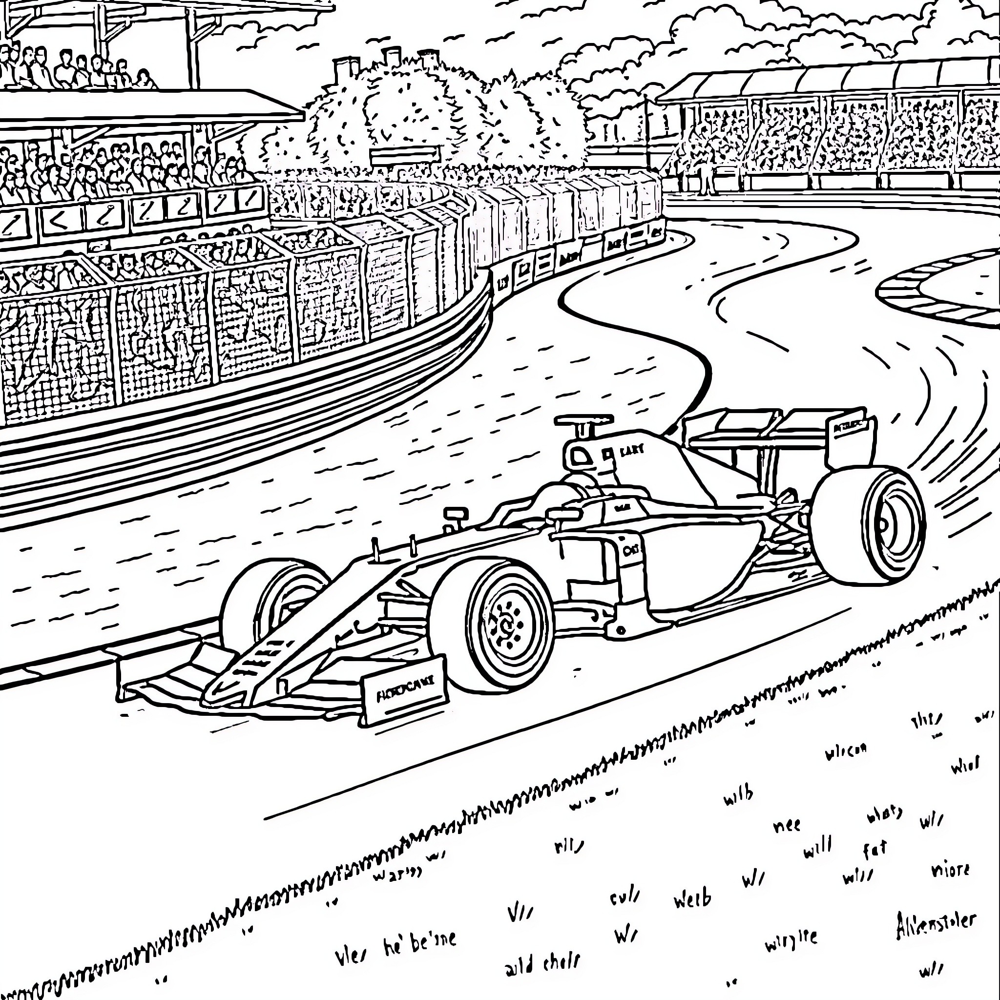 Formula 1 Car Racing on Track with Spectators Coloring Page (free black-and-white line drawing printable PDF for all, from beginners to advanced learners, including children, teens, adults, and seniors)