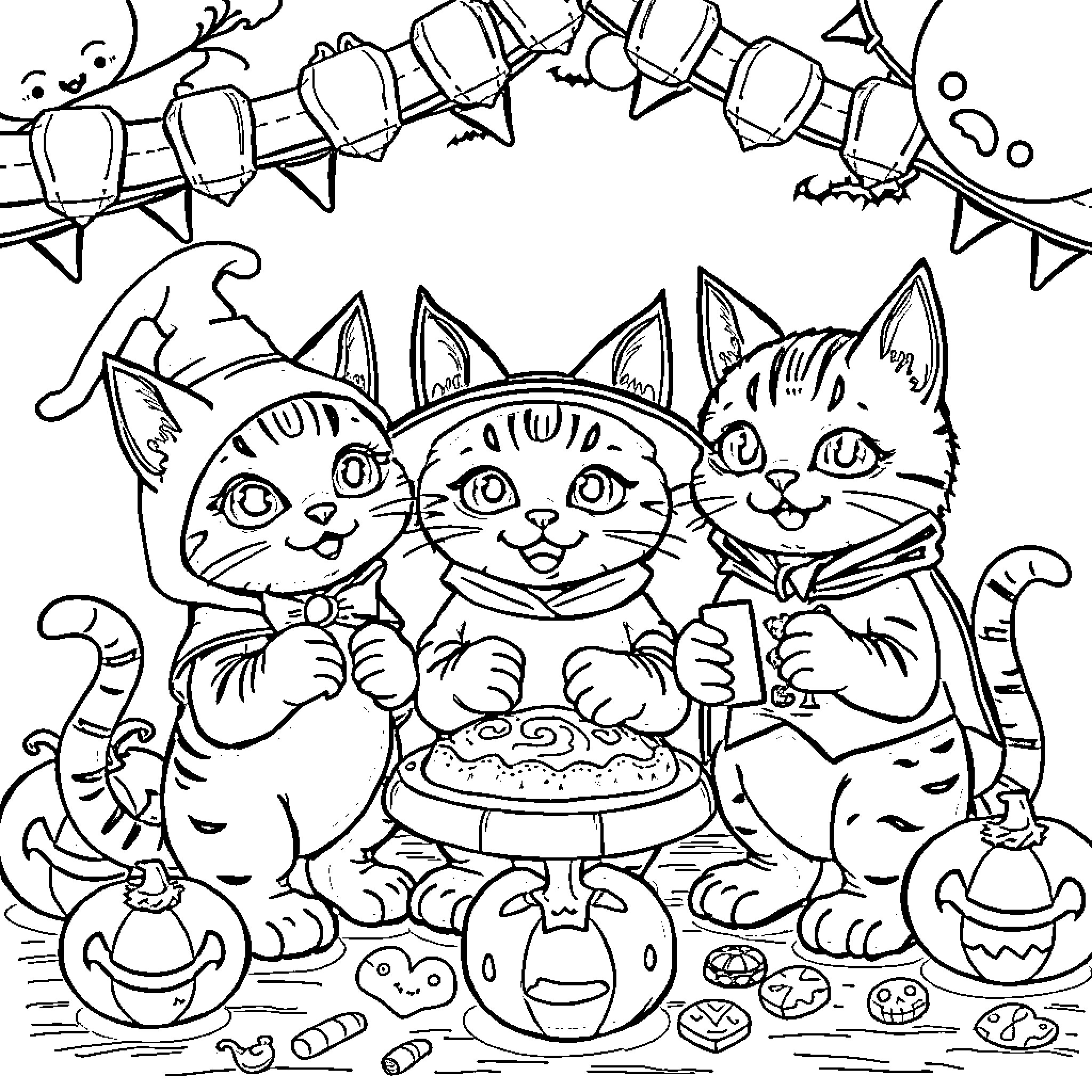 Cats Celebrating a Halloween Party Coloring Page (free black-and-white line drawing printable PDF for all, from beginners to advanced learners, including children, teens, adults, and seniors)