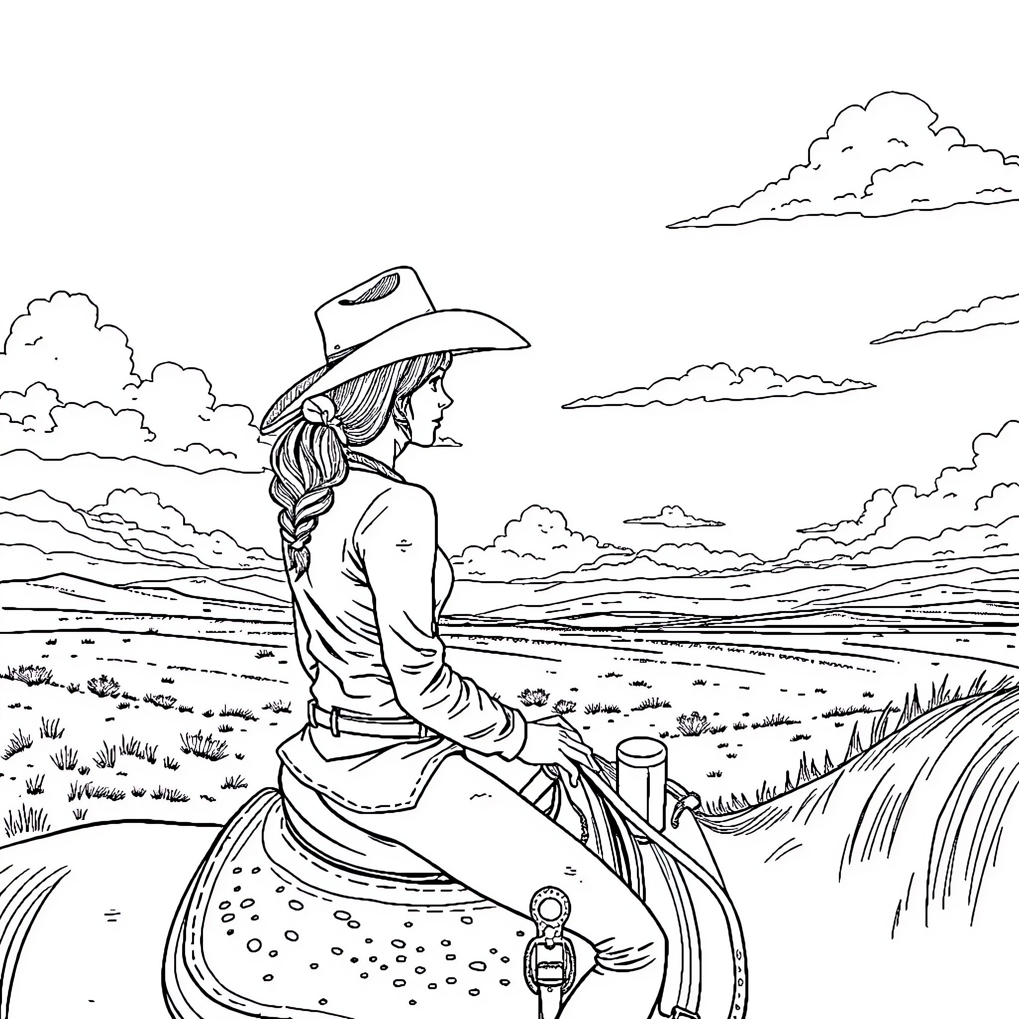 Cowgirl admiring the scenic landscape Coloring Page (free black-and-white line drawing printable PDF for all, from beginners to advanced learners, including children, teens, adults, and seniors)