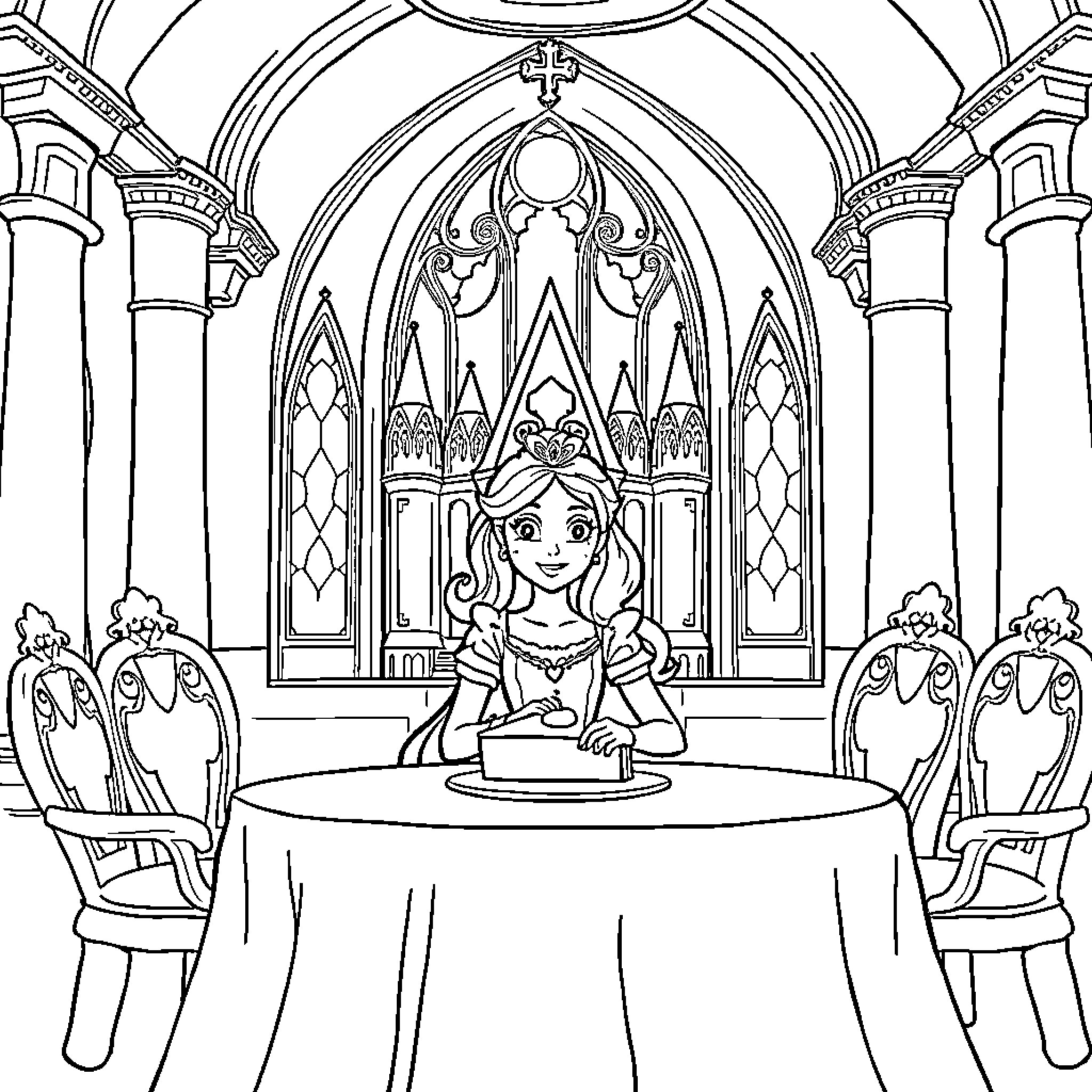 Princess in a Majestic Castle Dining Hall Coloring Page (free black-and-white line drawing printable PDF for all, from beginners to advanced learners, including children, teens, adults, and seniors)