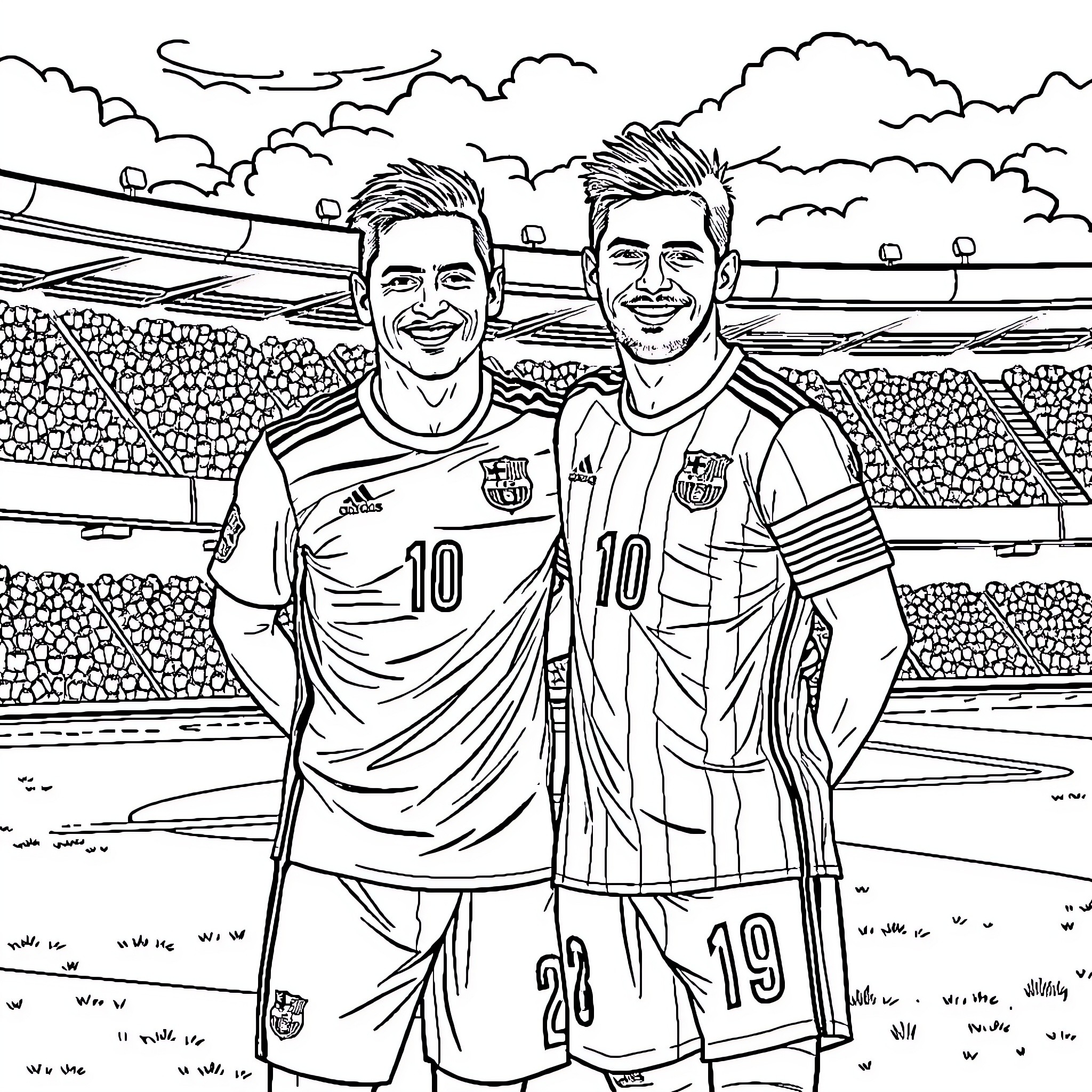 Ronaldo posing together in soccer uniforms Coloring Page (free black-and-white line drawing printable PDF for all, from beginners to advanced learners, including children, teens, adults, and seniors)