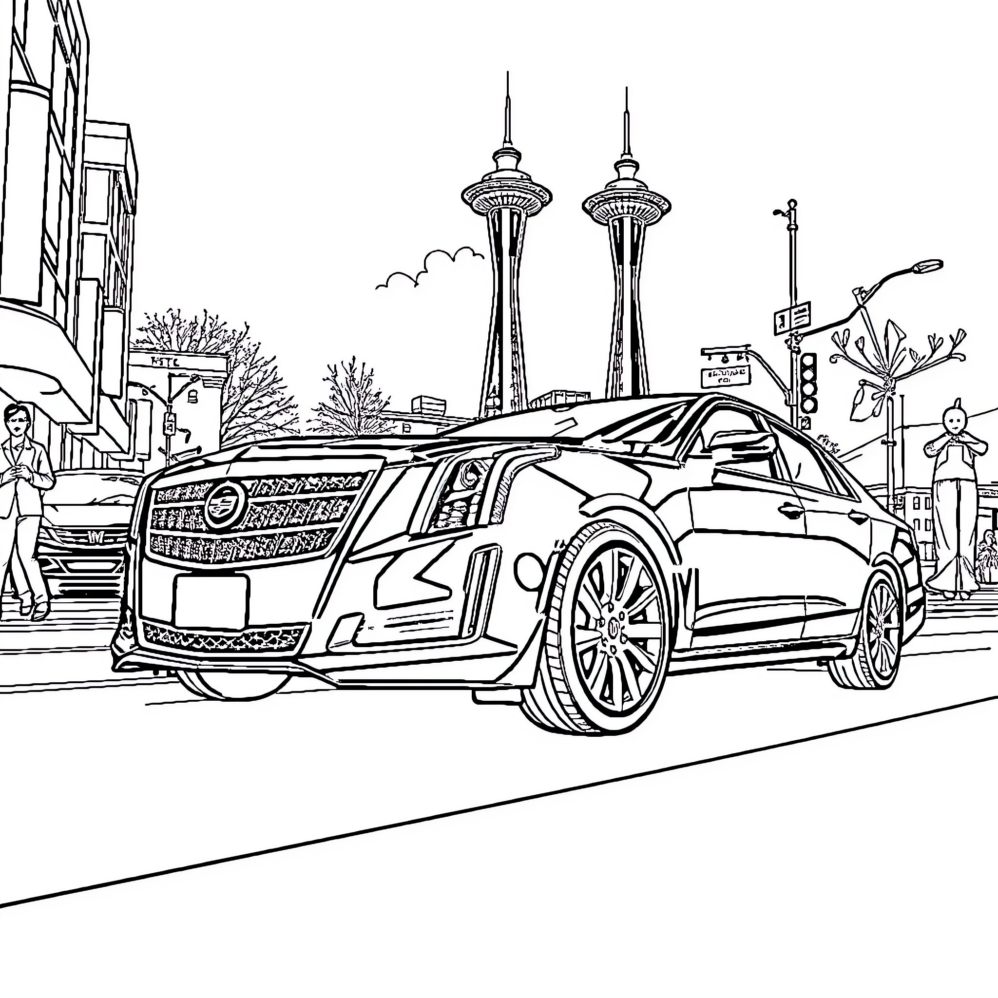Cadillac luxury car in the city Coloring Page (free black-and-white line drawing printable PDF for all, from beginners to advanced learners, including children, teens, adults, and seniors)