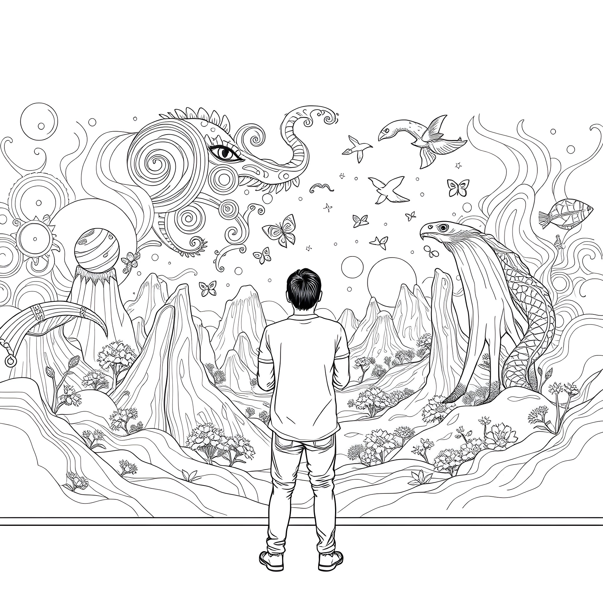 Mural of a boy exploring a fantastical underwater world Coloring Page (free black-and-white line drawing printable PDF for all, from beginners to advanced learners, including children, teens, adults, and seniors)