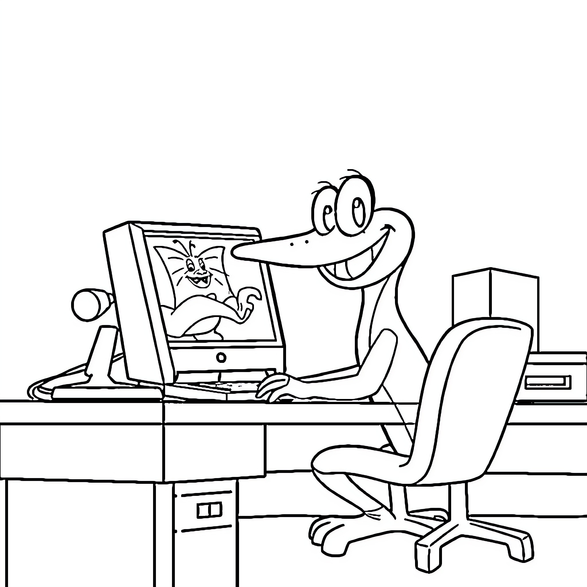 Perry working happily on the computer Coloring Page (free black-and-white line drawing printable PDF for all, from beginners to advanced learners, including children, teens, adults, and seniors)