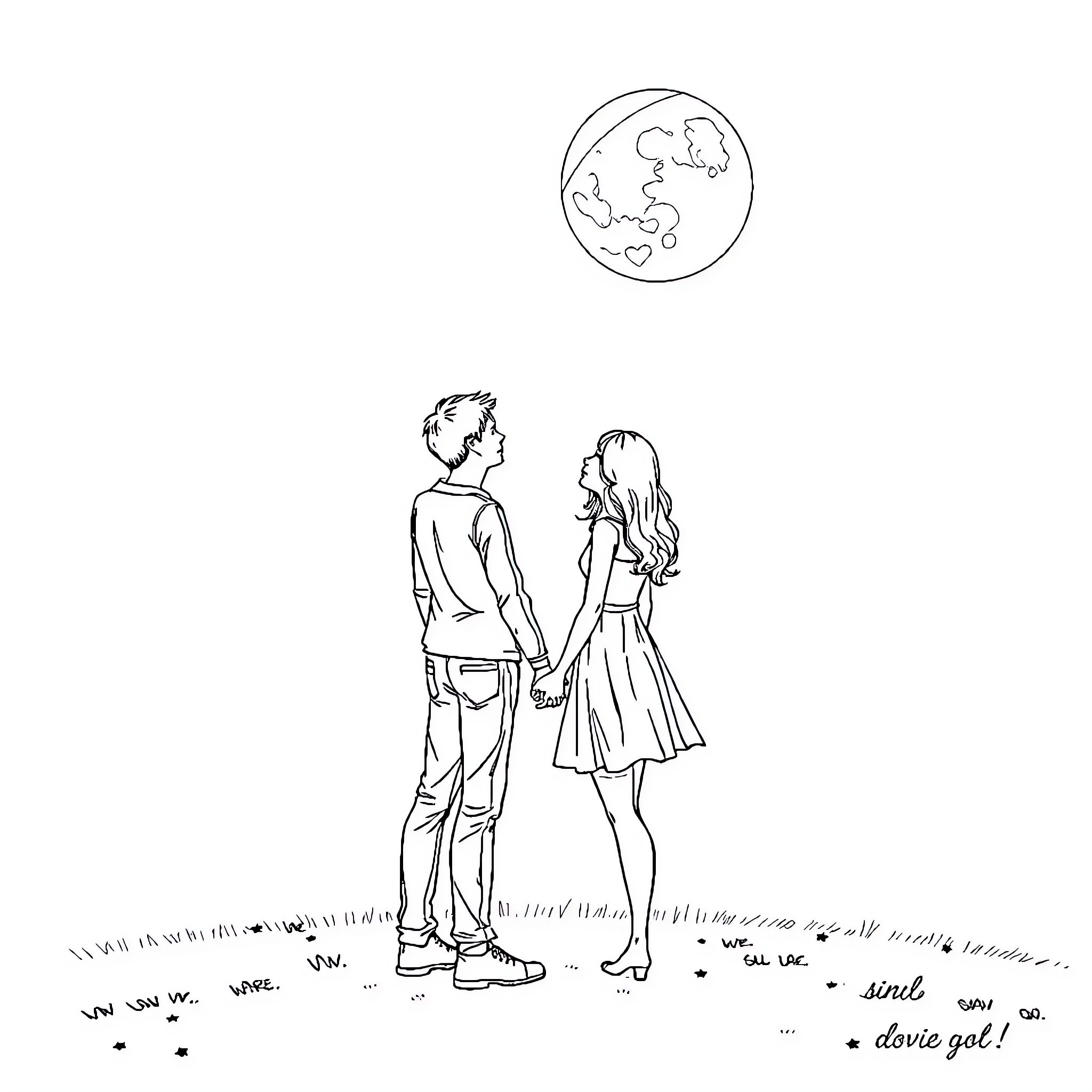 Couple Gazing at the Moon in Enchanting Surroundings Coloring Page (free black-and-white line drawing printable PDF for all, from beginners to advanced learners, including children, teens, adults, and seniors)