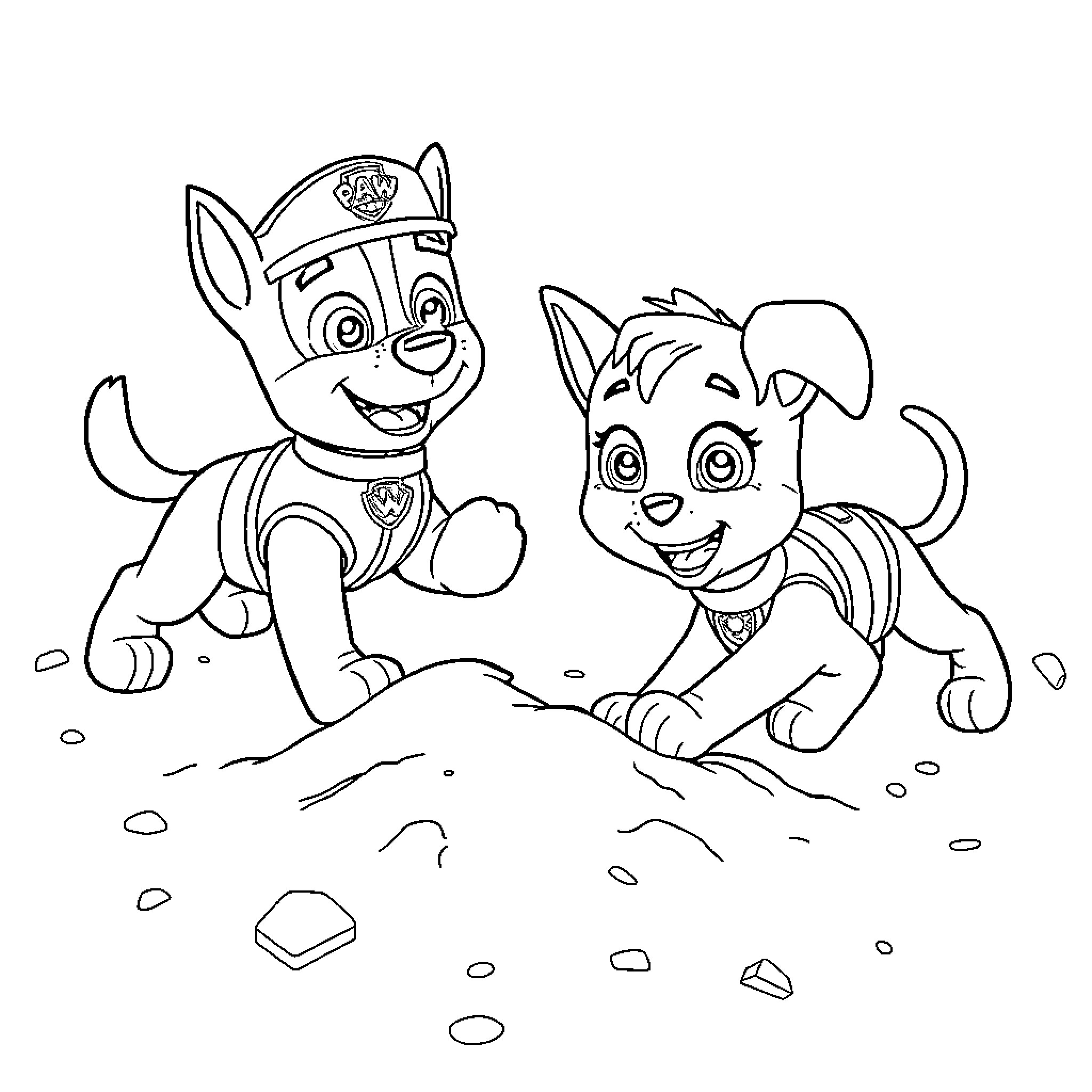 Paw Patrol pups playing together in the park Coloring Page (free black-and-white line drawing printable PDF for all, from beginners to advanced learners, including children, teens, adults, and seniors)