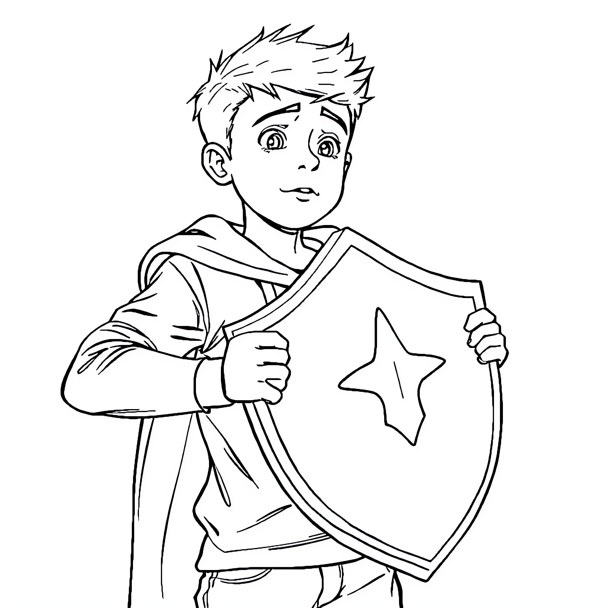 Person holding a star-shaped shield Coloring Page (free black-and-white line drawing printable PDF for all, from beginners to advanced learners, including children, teens, adults, and seniors)
