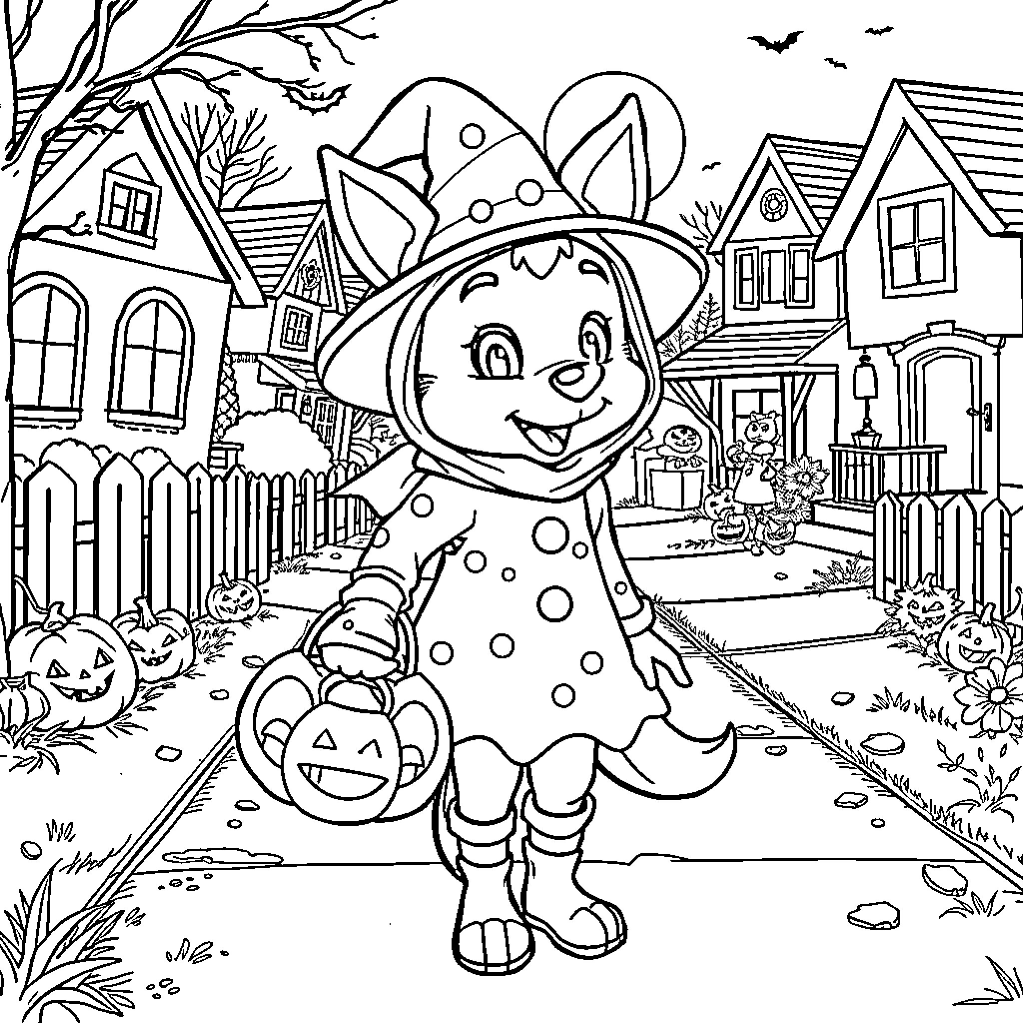 Huntrix Halloween Scene: Friendly Costumed Figure in Quaint Neighborhood Coloring Page (free black-and-white line drawing printable PDF for all, from beginners to advanced learners, including children, teens, adults, and seniors)