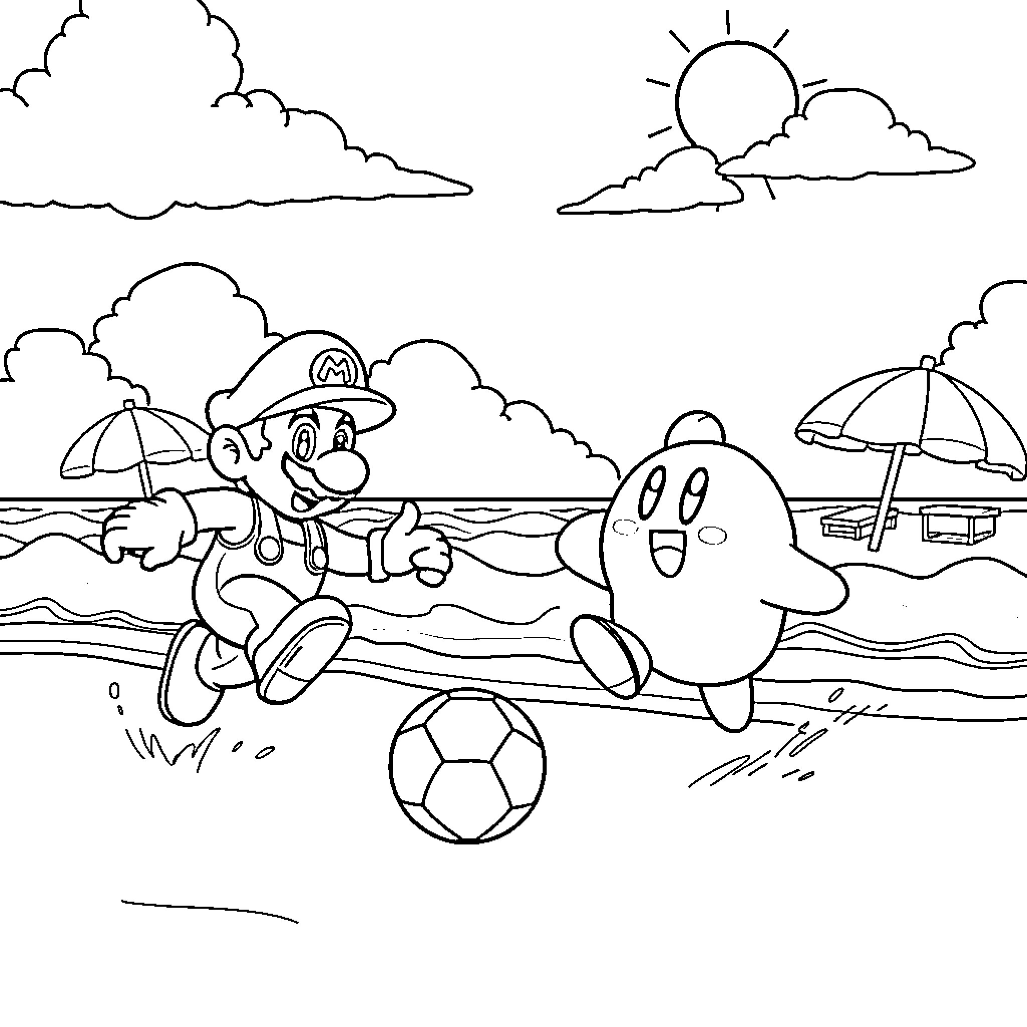 Super Mario Enjoys Beach Day with Kirby Coloring Page (free black-and-white line drawing printable PDF for all, from beginners to advanced learners, including children, teens, adults, and seniors)