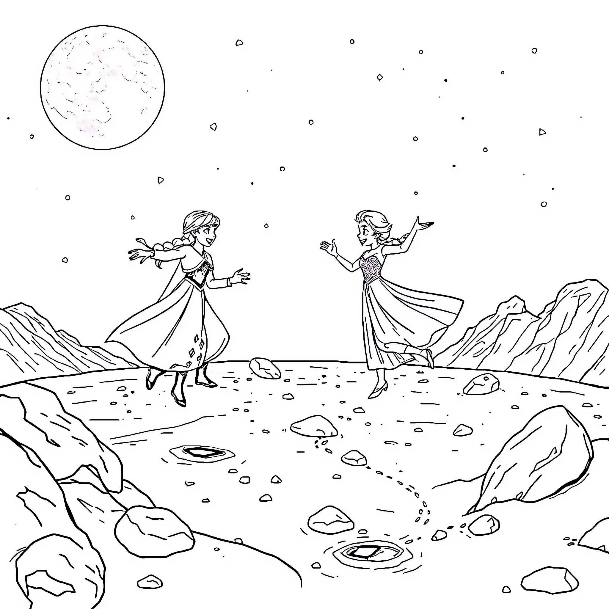 Anna and Elsa exploring a magical snowy landscape Coloring Page (free black-and-white line drawing printable PDF for all, from beginners to advanced learners, including children, teens, adults, and seniors)
