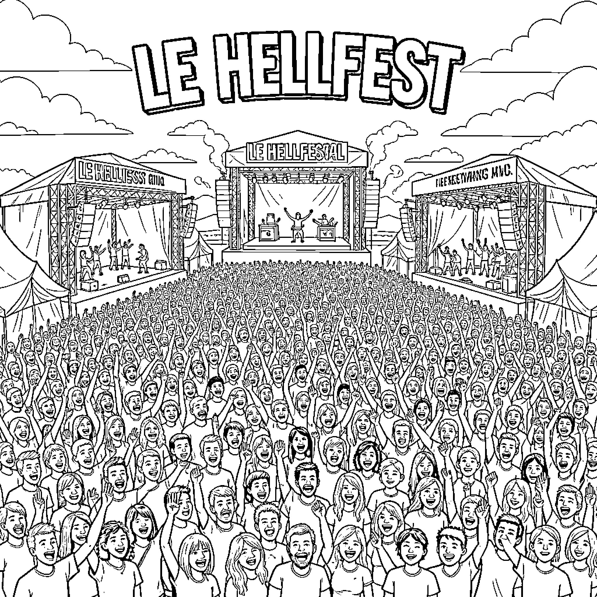 Hellfest crowd cheering enthusiastically at a music festival Coloring Page (free black-and-white line drawing printable PDF for all, from beginners to advanced learners, including children, teens, adults, and seniors)