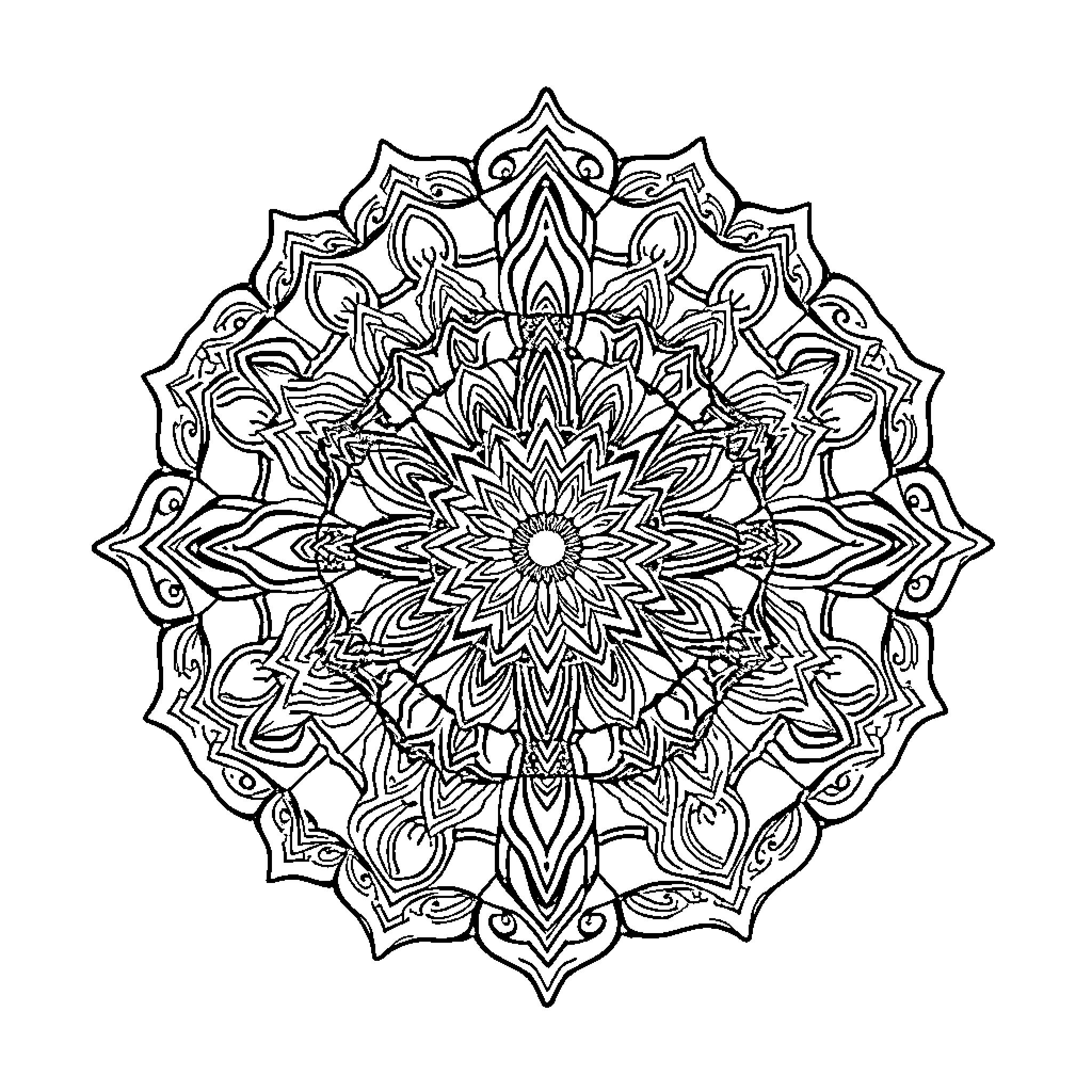 Mandala with intricate symmetrical floral patterns Coloring Page (free black-and-white line drawing printable PDF for all, from beginners to advanced learners, including children, teens, adults, and seniors)