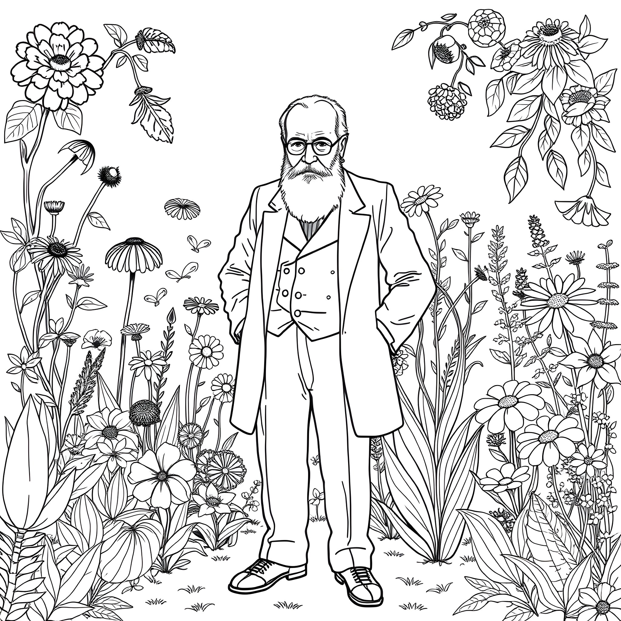 Freud in a field of whimsical flowers Coloring Page (free black-and-white line drawing printable PDF for all, from beginners to advanced learners, including children, teens, adults, and seniors)
