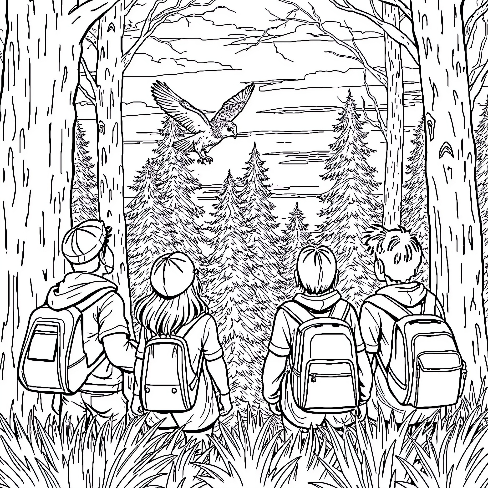 Owl Hikers Admiring Nature's Wonders Coloring Page (free black-and-white line drawing printable PDF for all, from beginners to advanced learners, including children, teens, adults, and seniors)