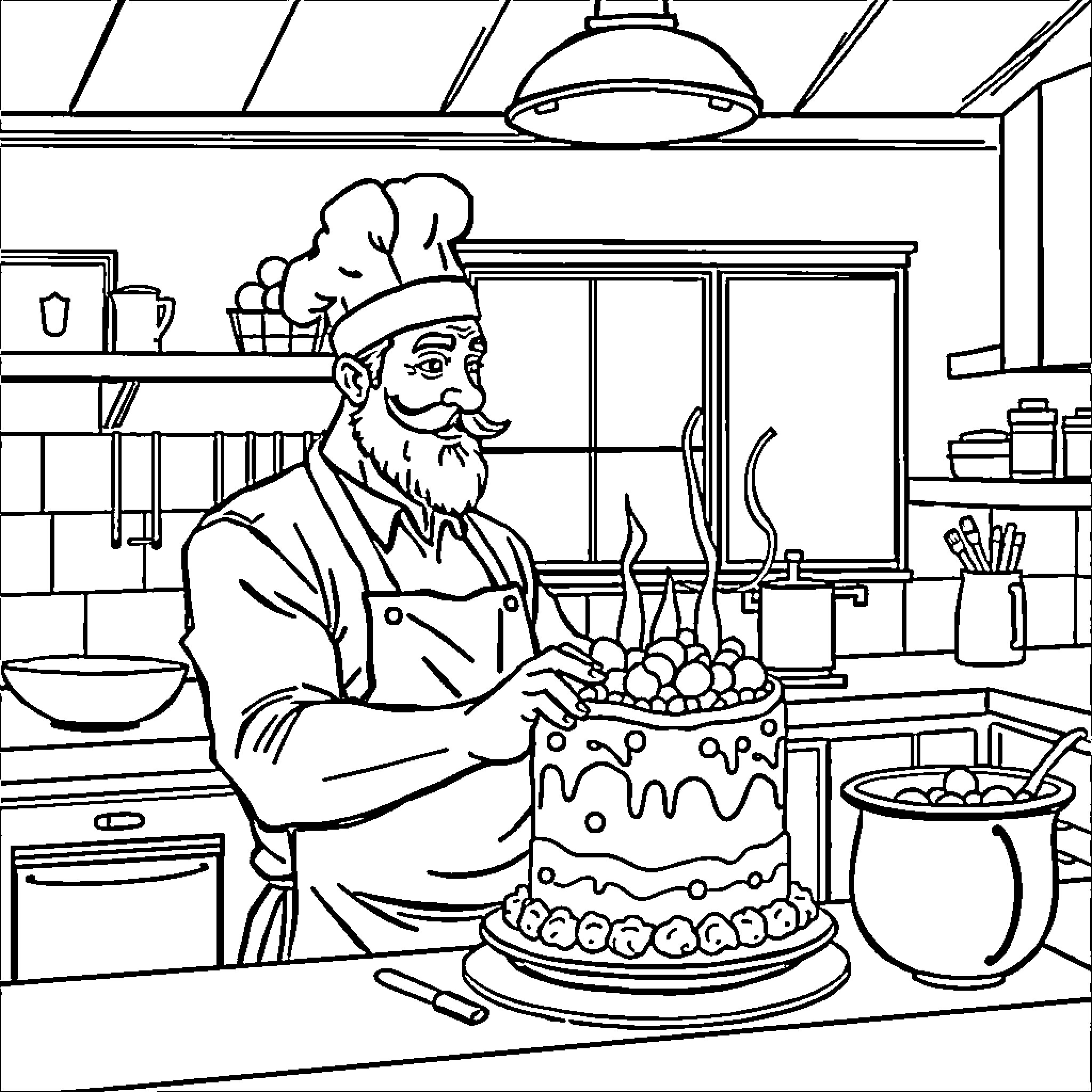 Macho Man Chef Proudly Displaying His Masterpiece Cake Coloring Page (free black-and-white line drawing printable PDF for all, from beginners to advanced learners, including children, teens, adults, and seniors)
