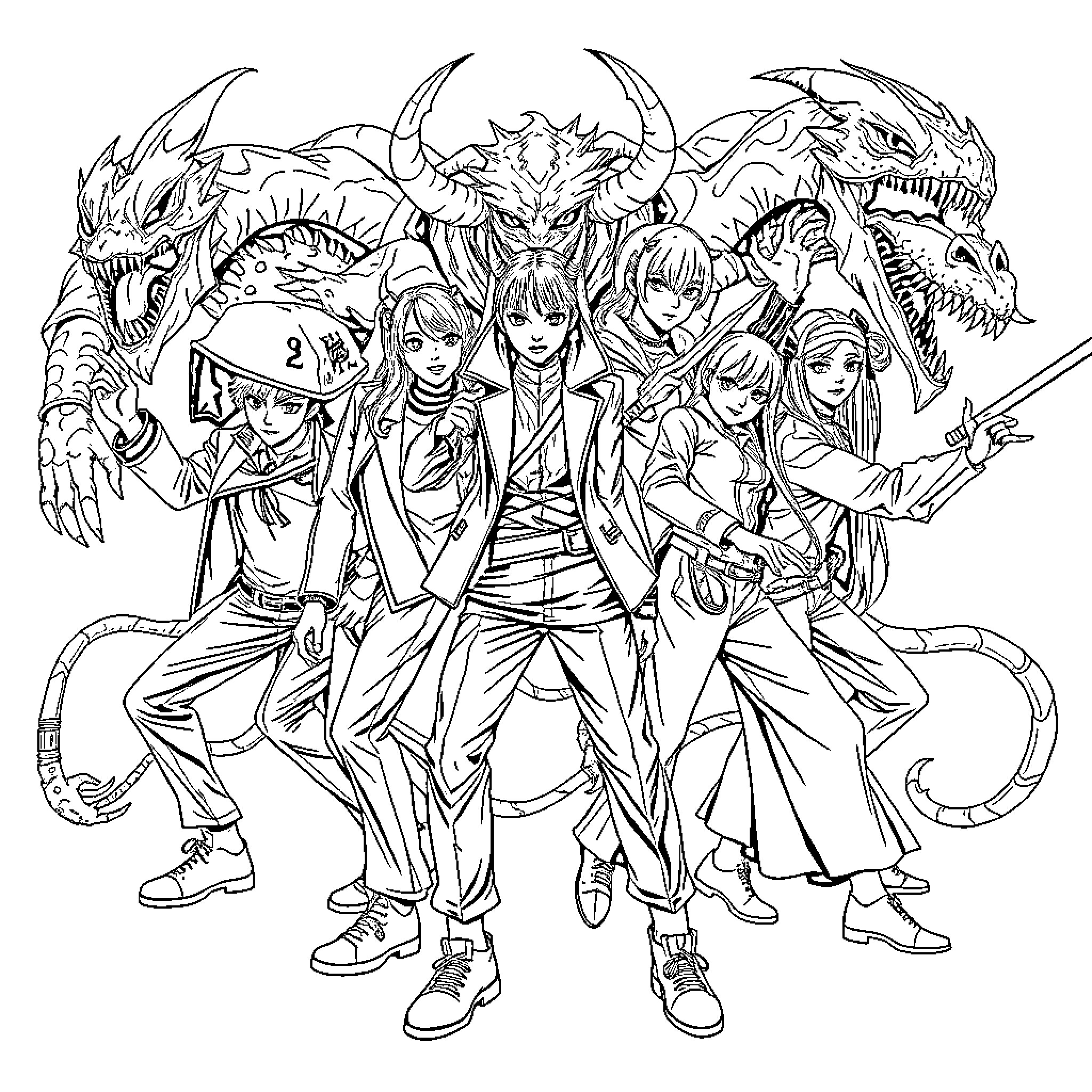 Demon Hunter Squad Battles Fierce Monsters Coloring Page (free black-and-white line drawing printable PDF for all, from beginners to advanced learners, including children, teens, adults, and seniors)