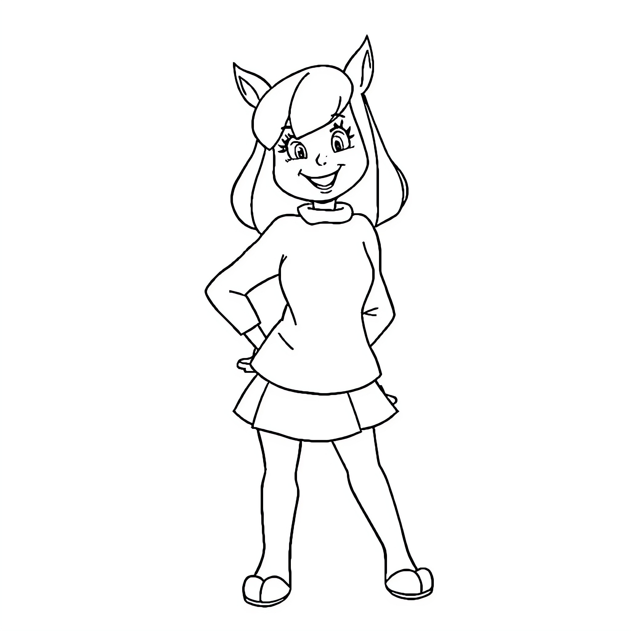 Velma in a cheerful and playful pose Coloring Page (free black-and-white line drawing printable PDF for all, from beginners to advanced learners, including children, teens, adults, and seniors)