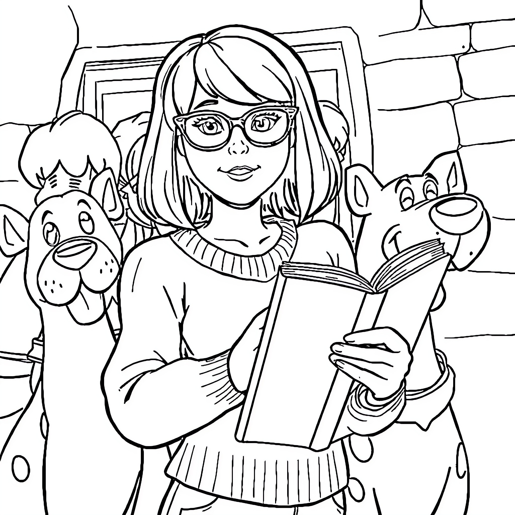 Velma reading a book with her dog companion Coloring Page (free black-and-white line drawing printable PDF for all, from beginners to advanced learners, including children, teens, adults, and seniors)