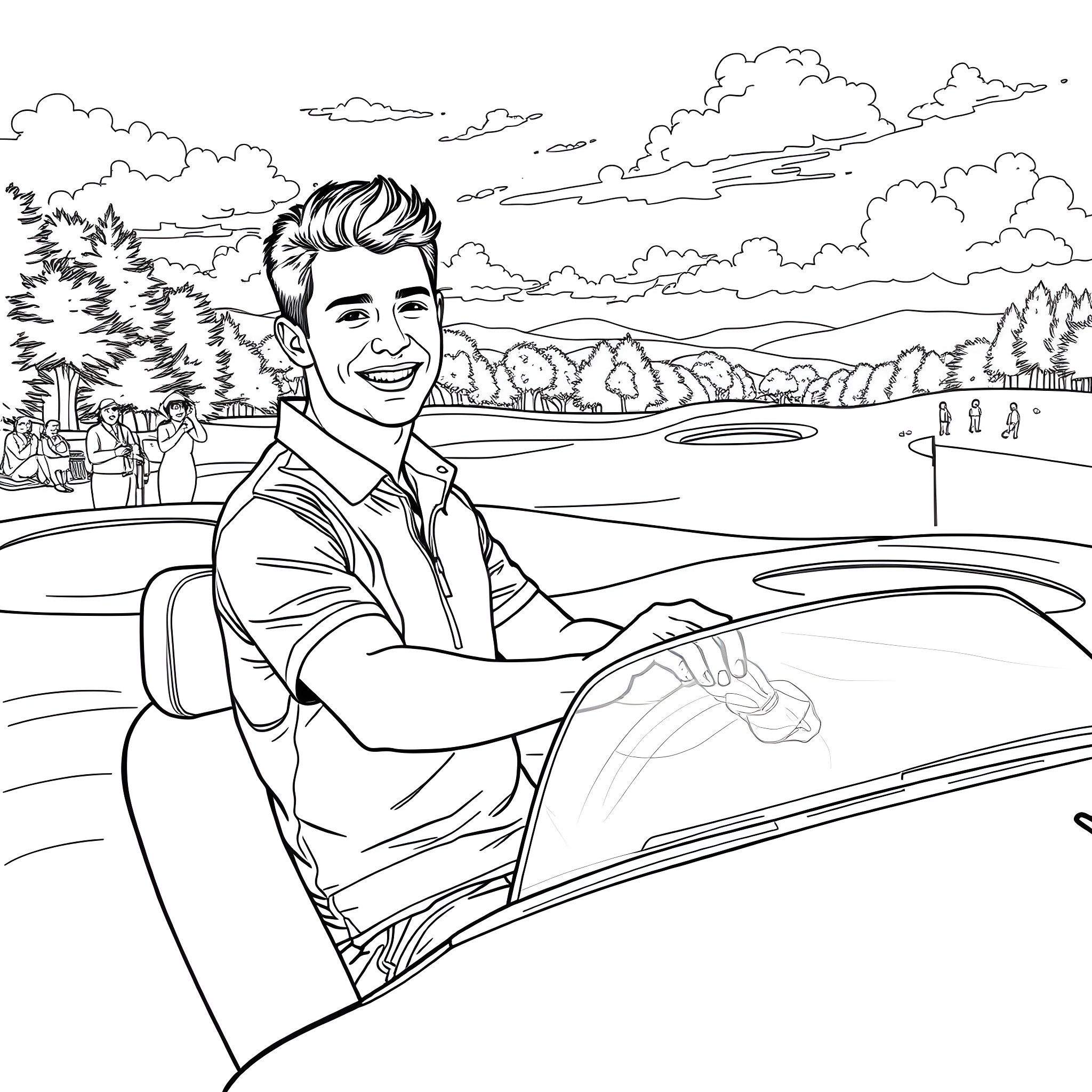 Nick Jonas enjoying a scenic drive in the countryside Coloring Page (free black-and-white line drawing printable PDF for all, from beginners to advanced learners, including children, teens, adults, and seniors)