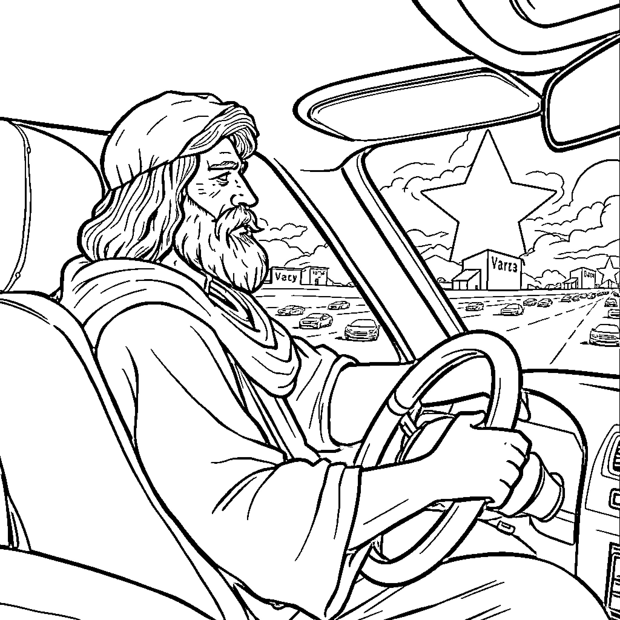 Aeschylus driving an automobile through the countryside Coloring Page (free black-and-white line drawing printable PDF for all, from beginners to advanced learners, including children, teens, adults, and seniors)