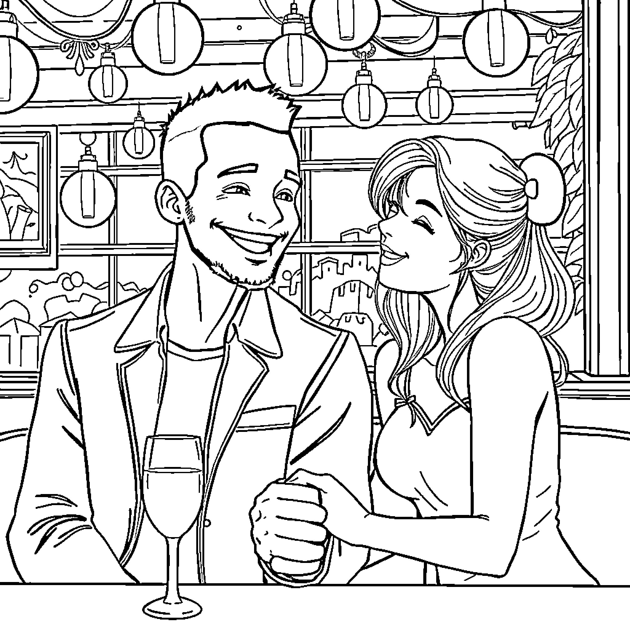 Couple enjoying a night out together Coloring Page (free black-and-white line drawing printable PDF for all, from beginners to advanced learners, including children, teens, adults, and seniors)