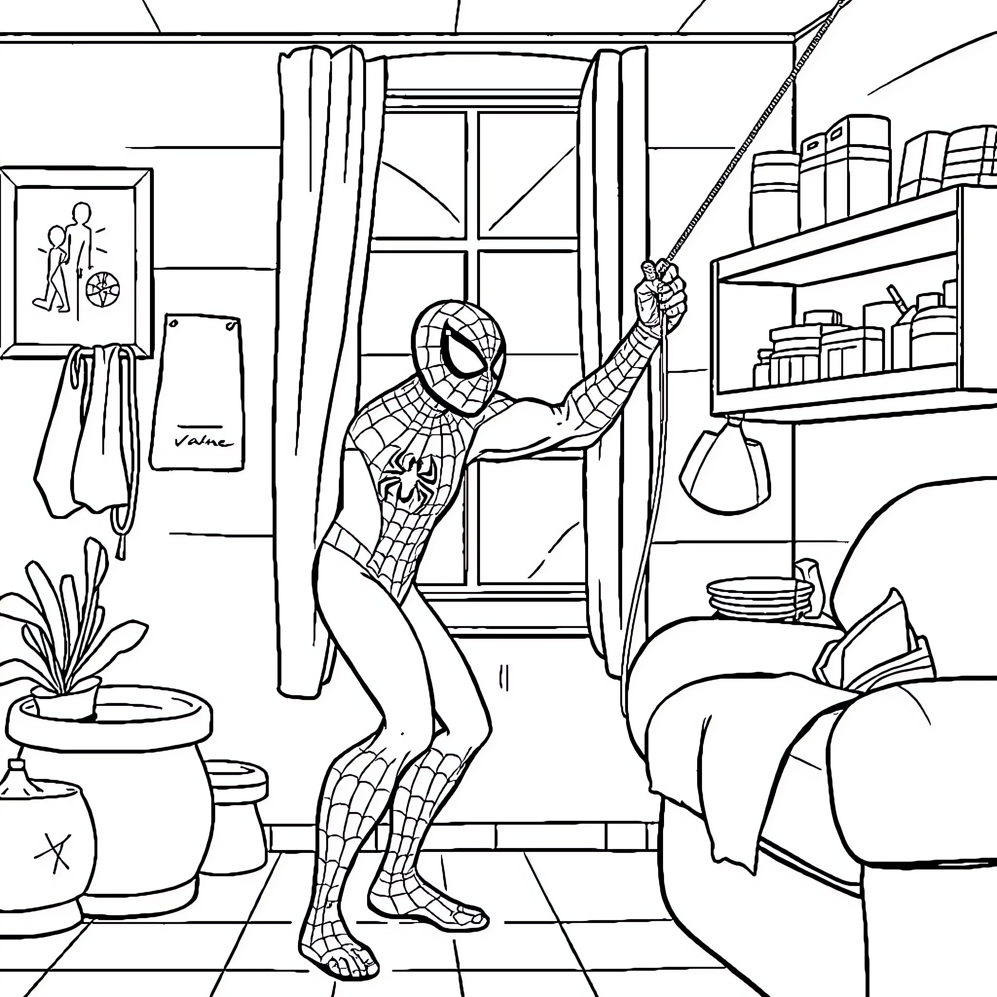 Spiderman swinging through a cozy apartment Coloring Page (free black-and-white line drawing printable PDF for all, from beginners to advanced learners, including children, teens, adults, and seniors)