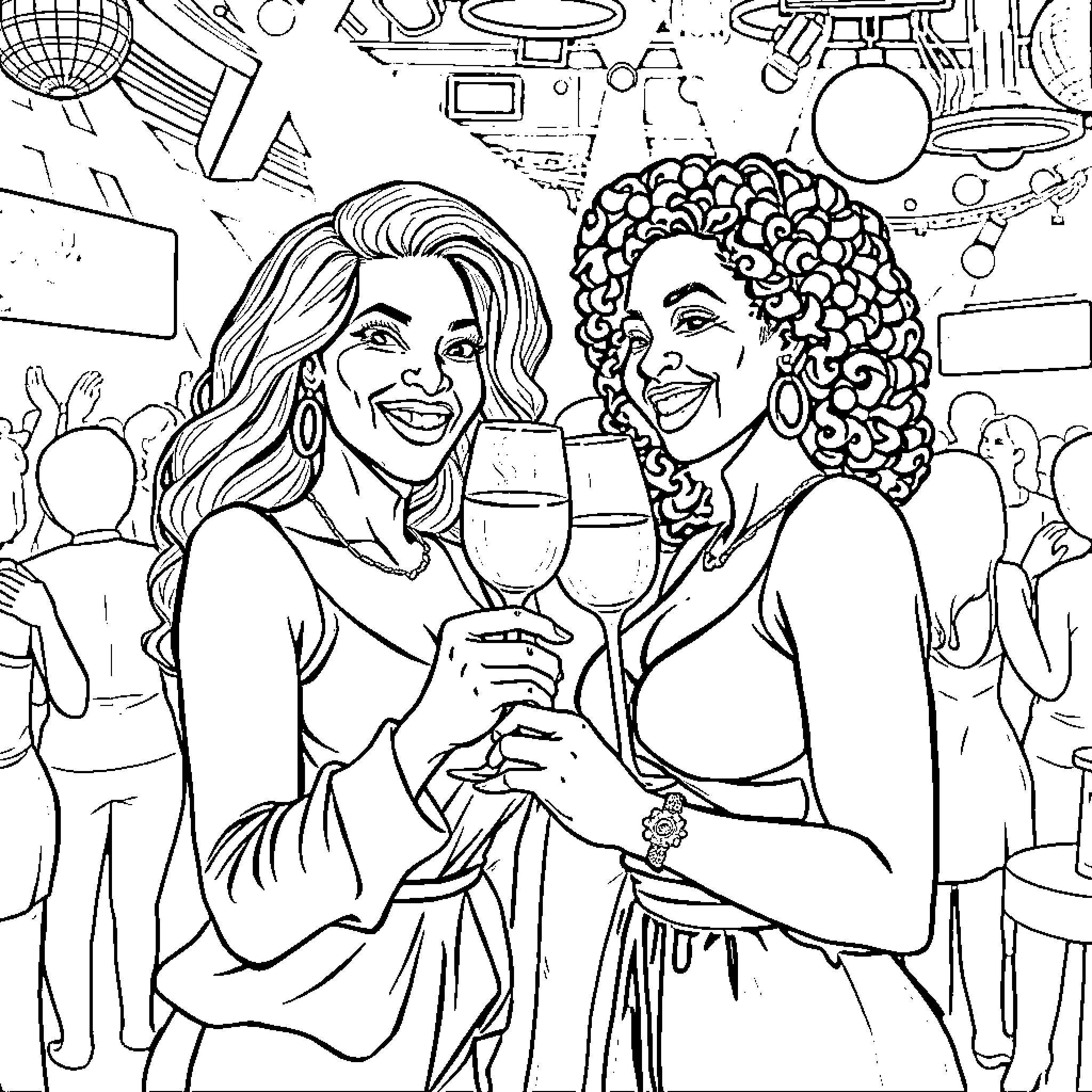 Female friends enjoying a night out Coloring Page (free black-and-white line drawing printable PDF for all, from beginners to advanced learners, including children, teens, adults, and seniors)