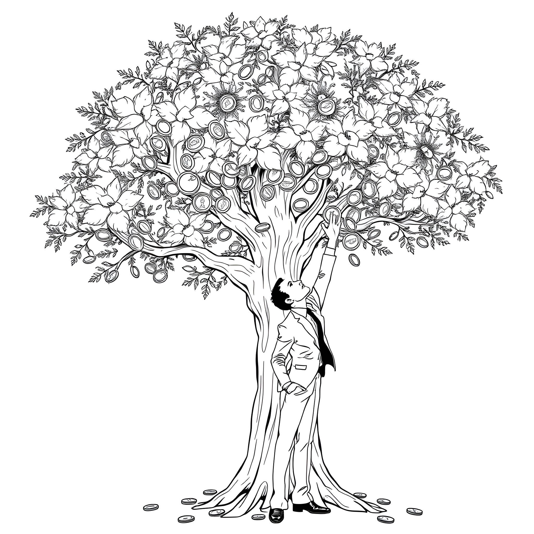 Tree with blooming flowers embraced by a person Coloring Page (free black-and-white line drawing printable PDF for all, from beginners to advanced learners, including children, teens, adults, and seniors)