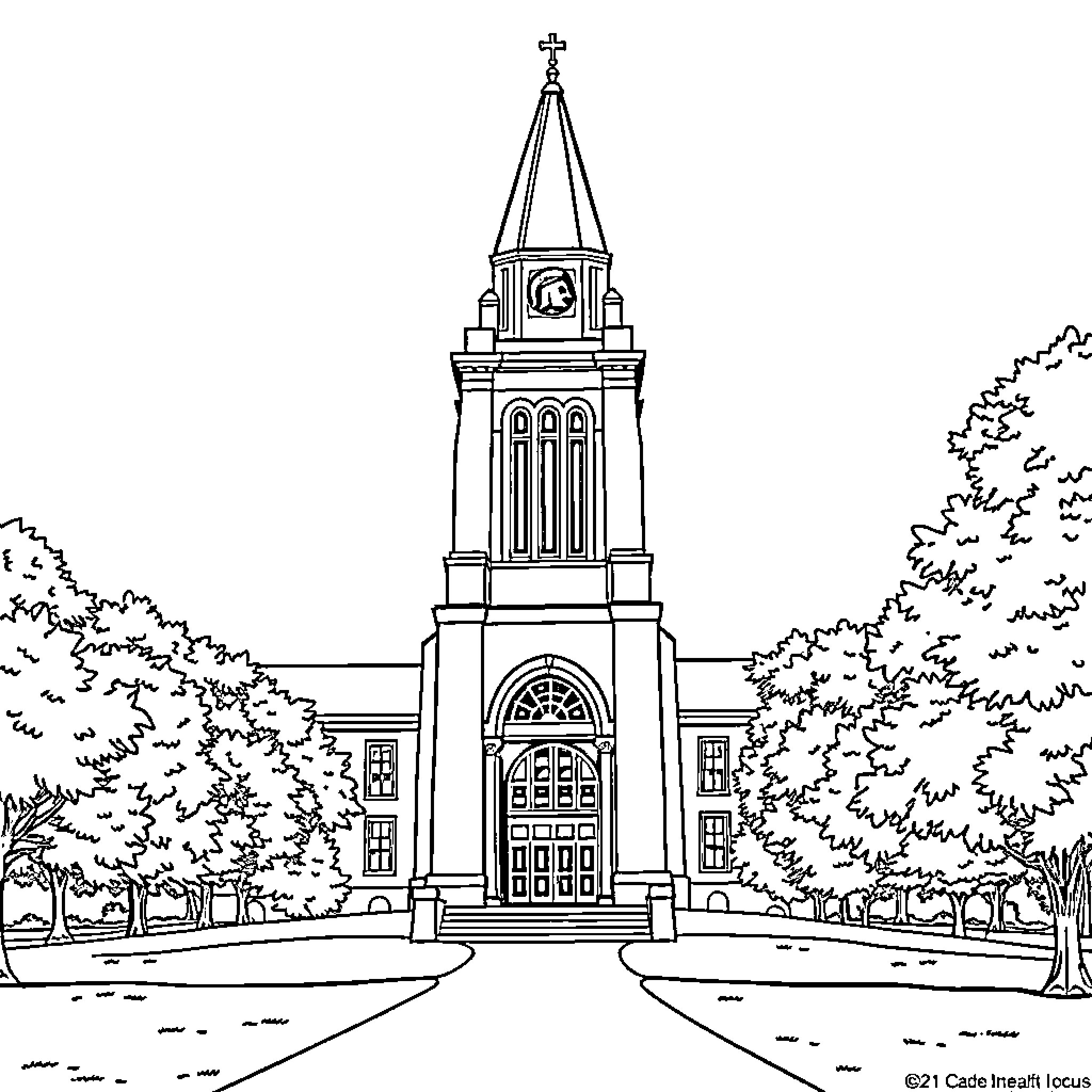 Bell Tower in a Picturesque Landscape Coloring Page (free black-and-white line drawing printable PDF for all, from beginners to advanced learners, including children, teens, adults, and seniors)