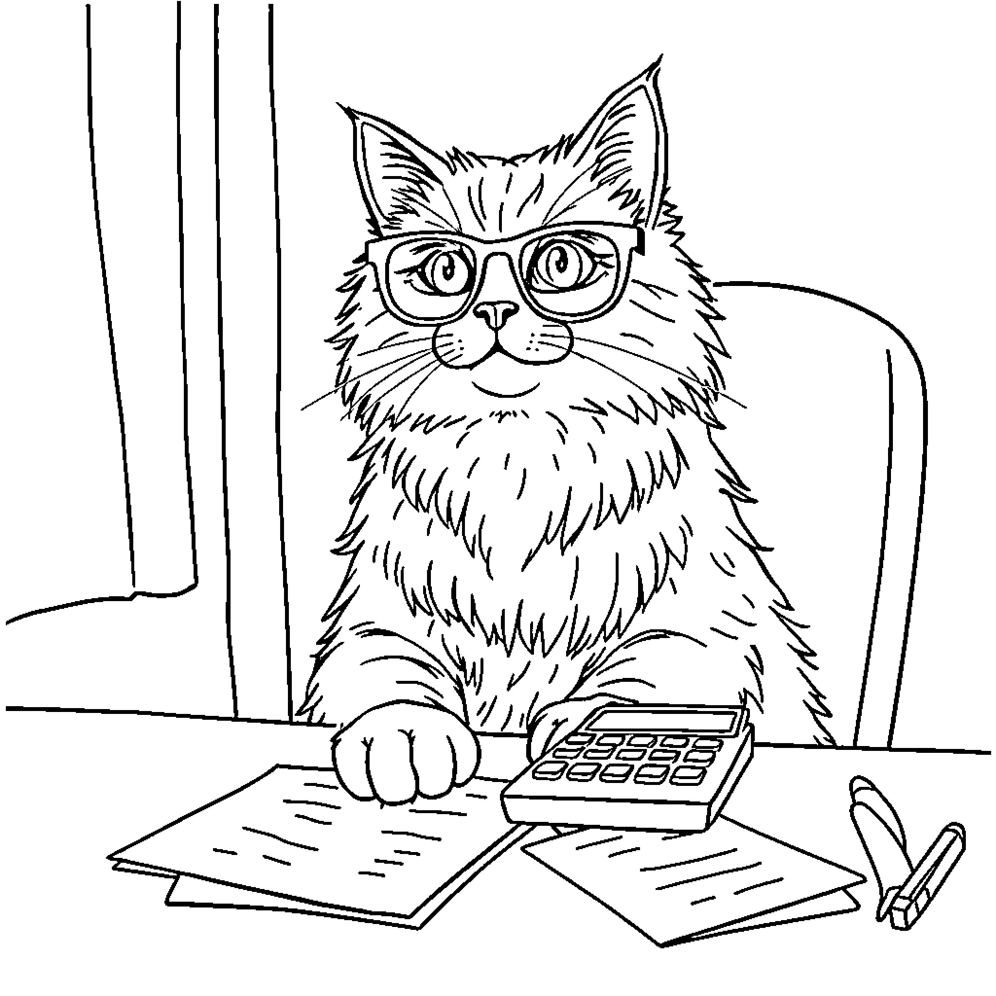 Cat working intently on financial calculations Coloring Page (free black-and-white line drawing printable PDF for all, from beginners to advanced learners, including children, teens, adults, and seniors)