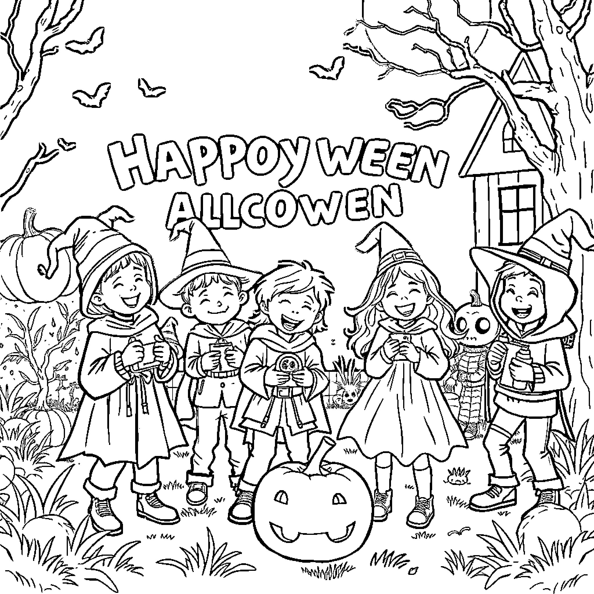 Child Trick-or-Treating on Halloween Night Coloring Page (free black-and-white line drawing printable PDF for all, from beginners to advanced learners, including children, teens, adults, and seniors)