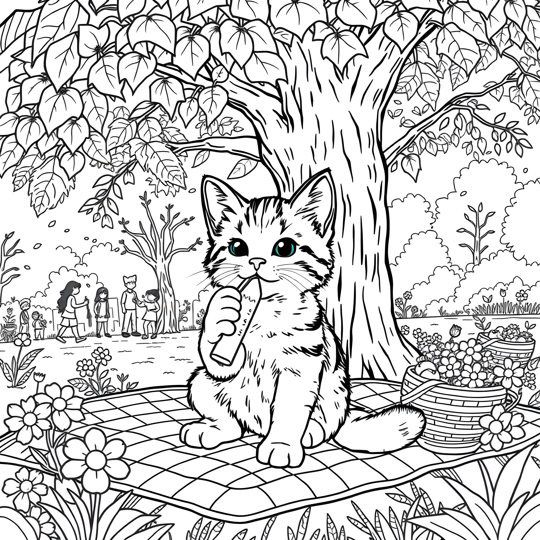 Kitty enjoying a cozy garden scene Coloring Page (free black-and-white line drawing printable PDF for all, from beginners to advanced learners, including children, teens, adults, and seniors)