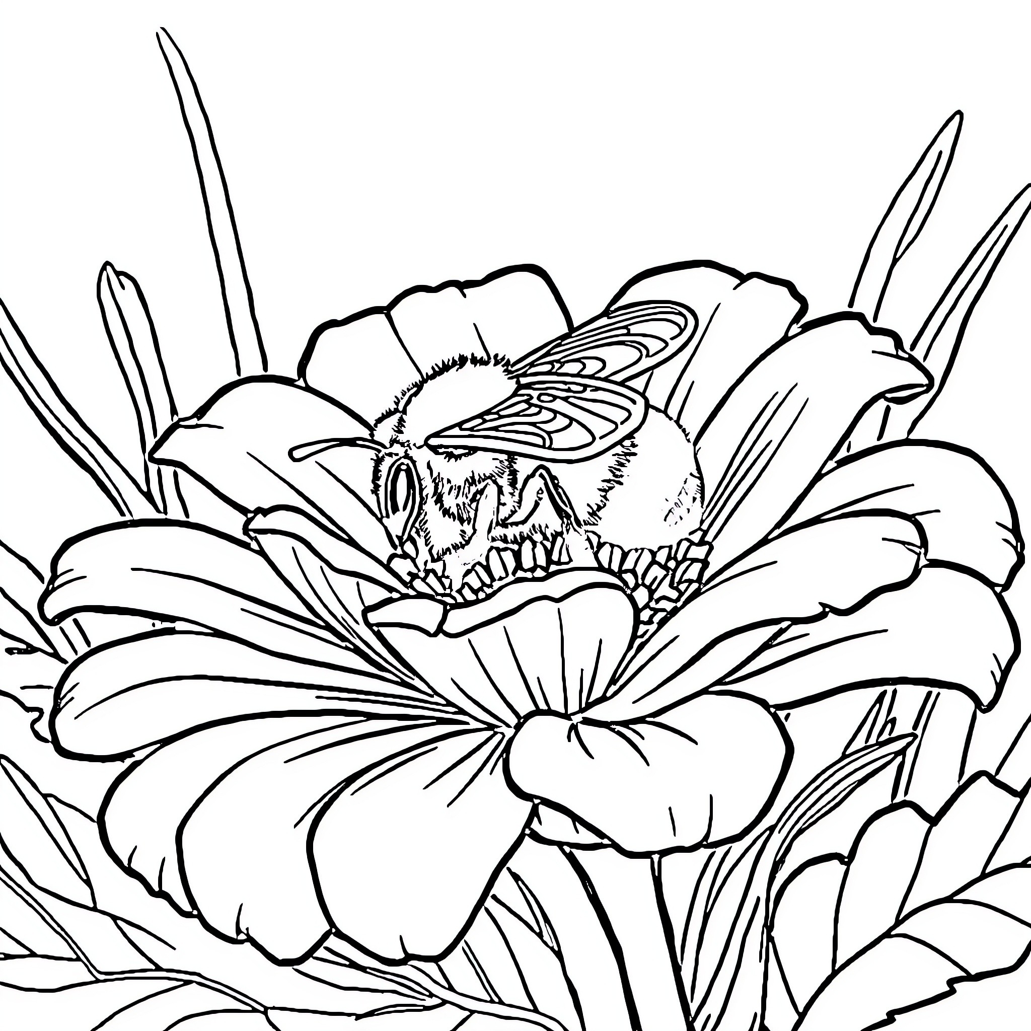 Bee exploring a detailed flower Coloring Page (free black-and-white line drawing printable PDF for all, from beginners to advanced learners, including children, teens, adults, and seniors)