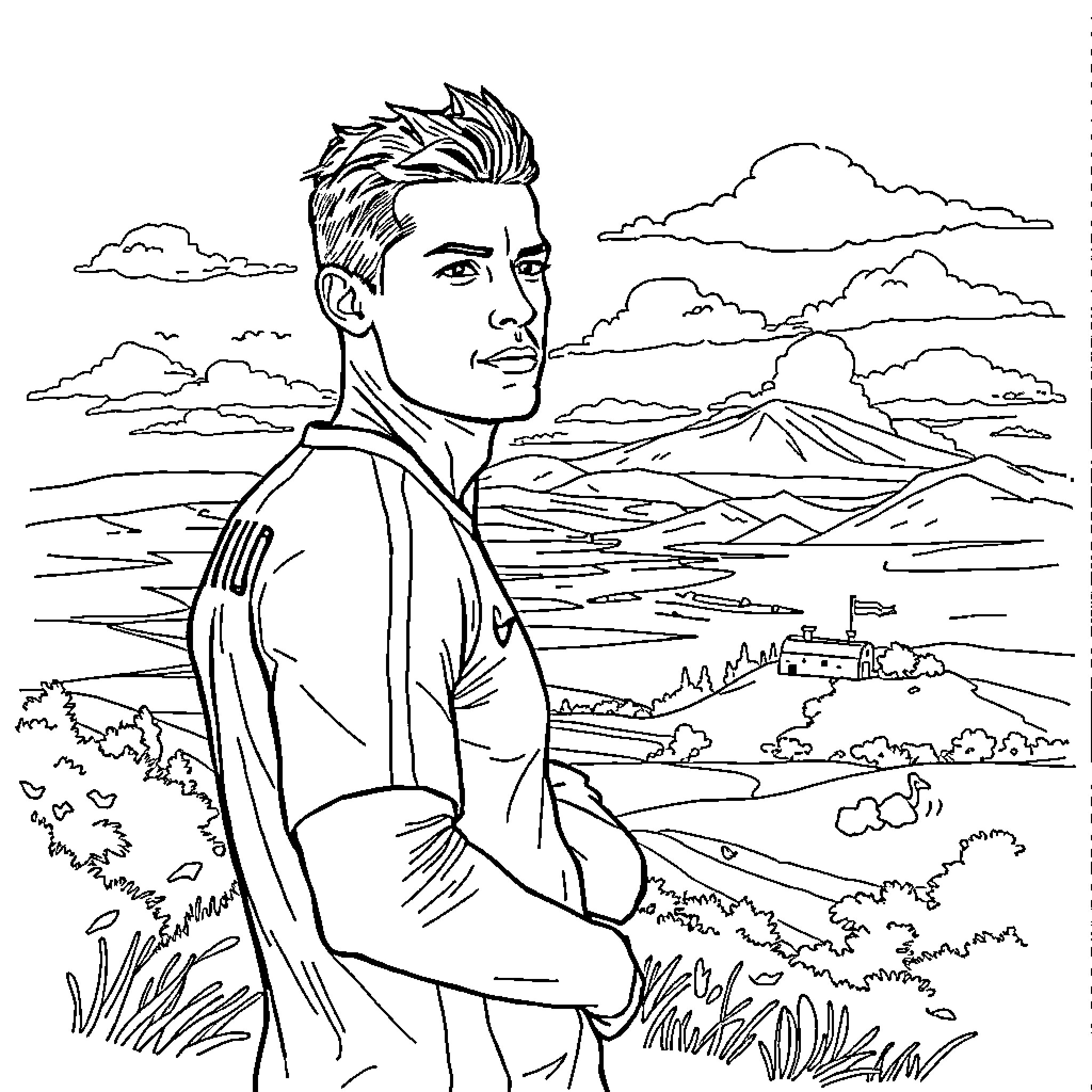 Ronaldo contemplating the scenic landscape Coloring Page (free black-and-white line drawing printable PDF for all, from beginners to advanced learners, including children, teens, adults, and seniors)