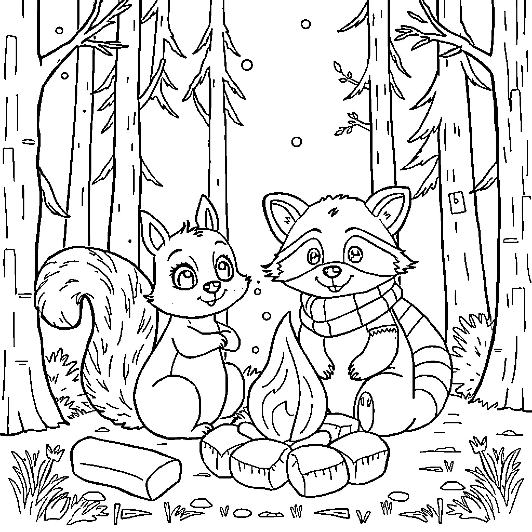 Squirrel and Raccoon Playing in the Snowy Forest Coloring Page (free black-and-white line drawing printable PDF for all, from beginners to advanced learners, including children, teens, adults, and seniors)