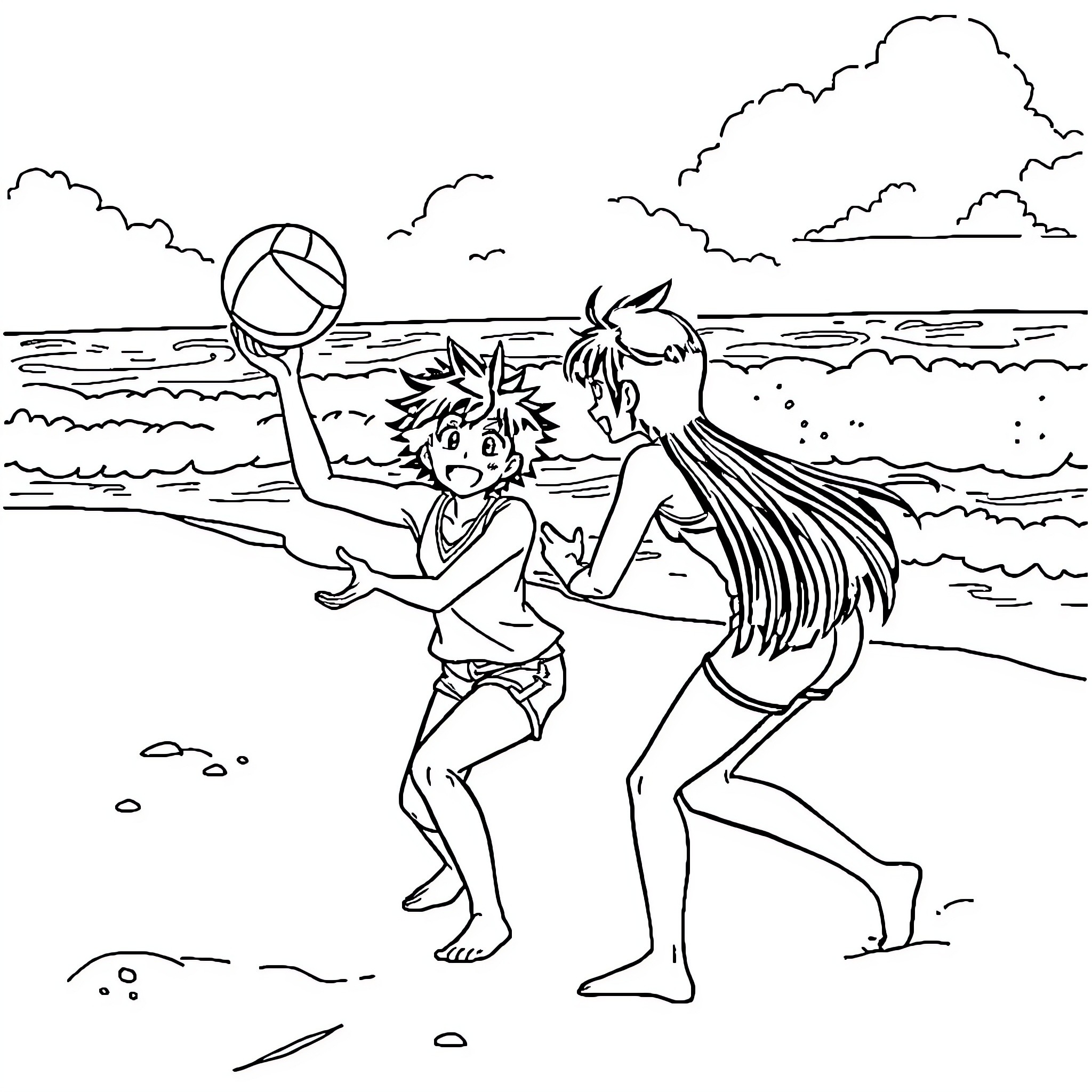 Kaito Momota playing beach volleyball with a friend Coloring Page (free black-and-white line drawing printable PDF for all, from beginners to advanced learners, including children, teens, adults, and seniors)