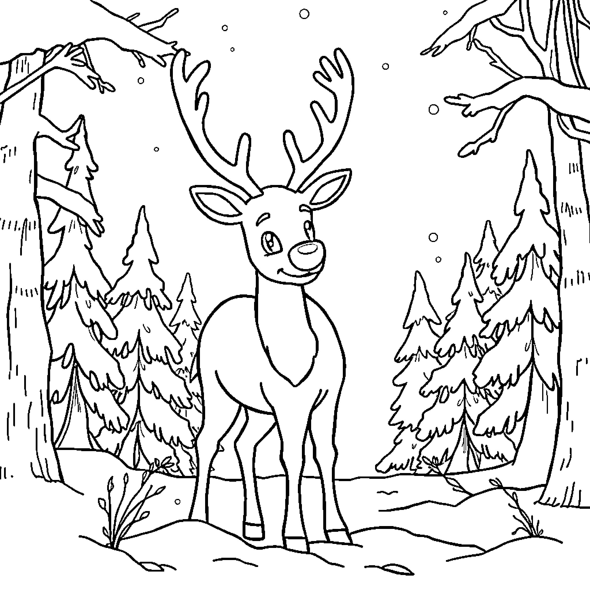 Rudolph playing in the winter wonderland Coloring Page (free black-and-white line drawing printable PDF for all, from beginners to advanced learners, including children, teens, adults, and seniors)