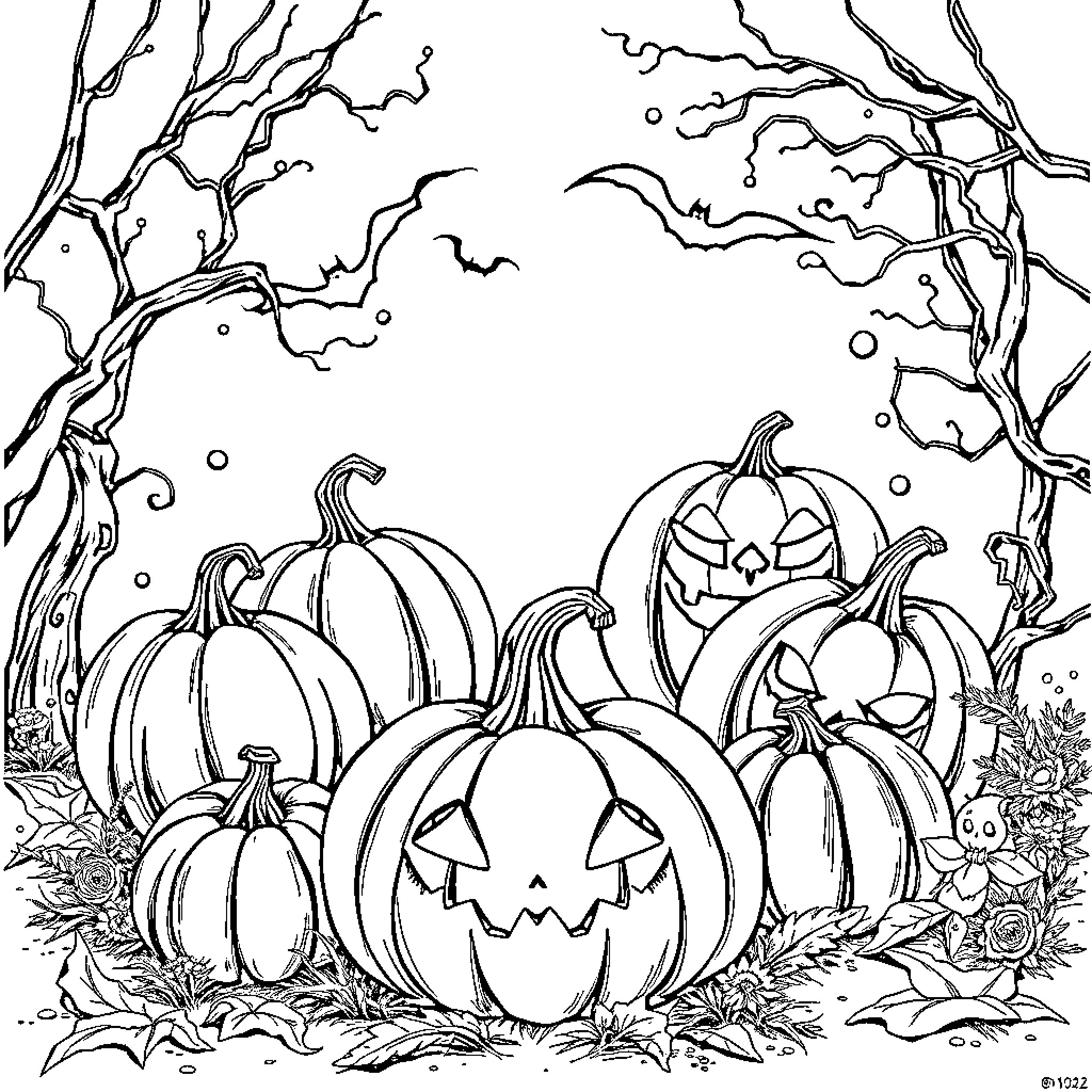 Pumpkins in Haunting Halloween Forest Coloring Page (free black-and-white line drawing printable PDF for all, from beginners to advanced learners, including children, teens, adults, and seniors)