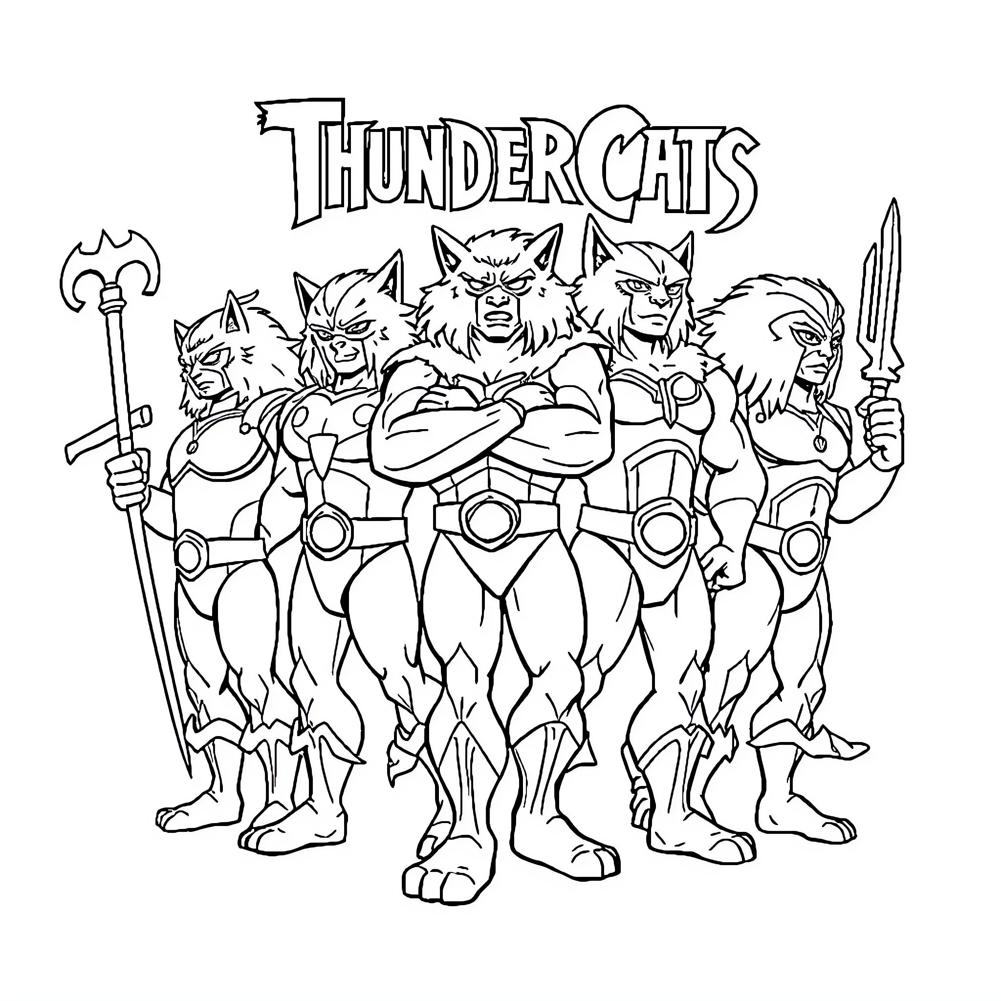 Thundercats standing united and armed for battle Coloring Page (free black-and-white line drawing printable PDF for all, from beginners to advanced learners, including children, teens, adults, and seniors)