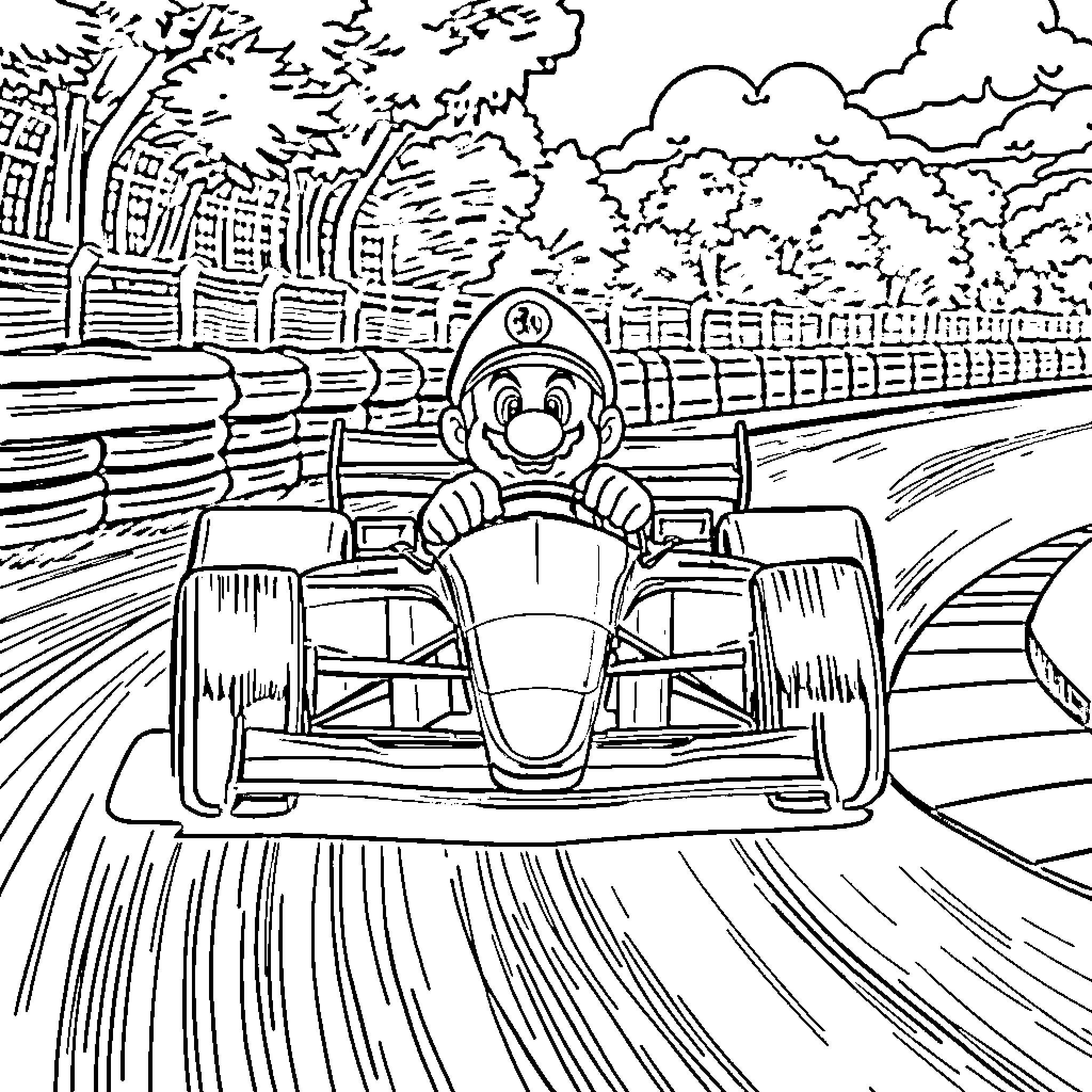 Mario Racing Speedily Through The Track Coloring Page (free black-and-white line drawing printable PDF for all, from beginners to advanced learners, including children, teens, adults, and seniors)