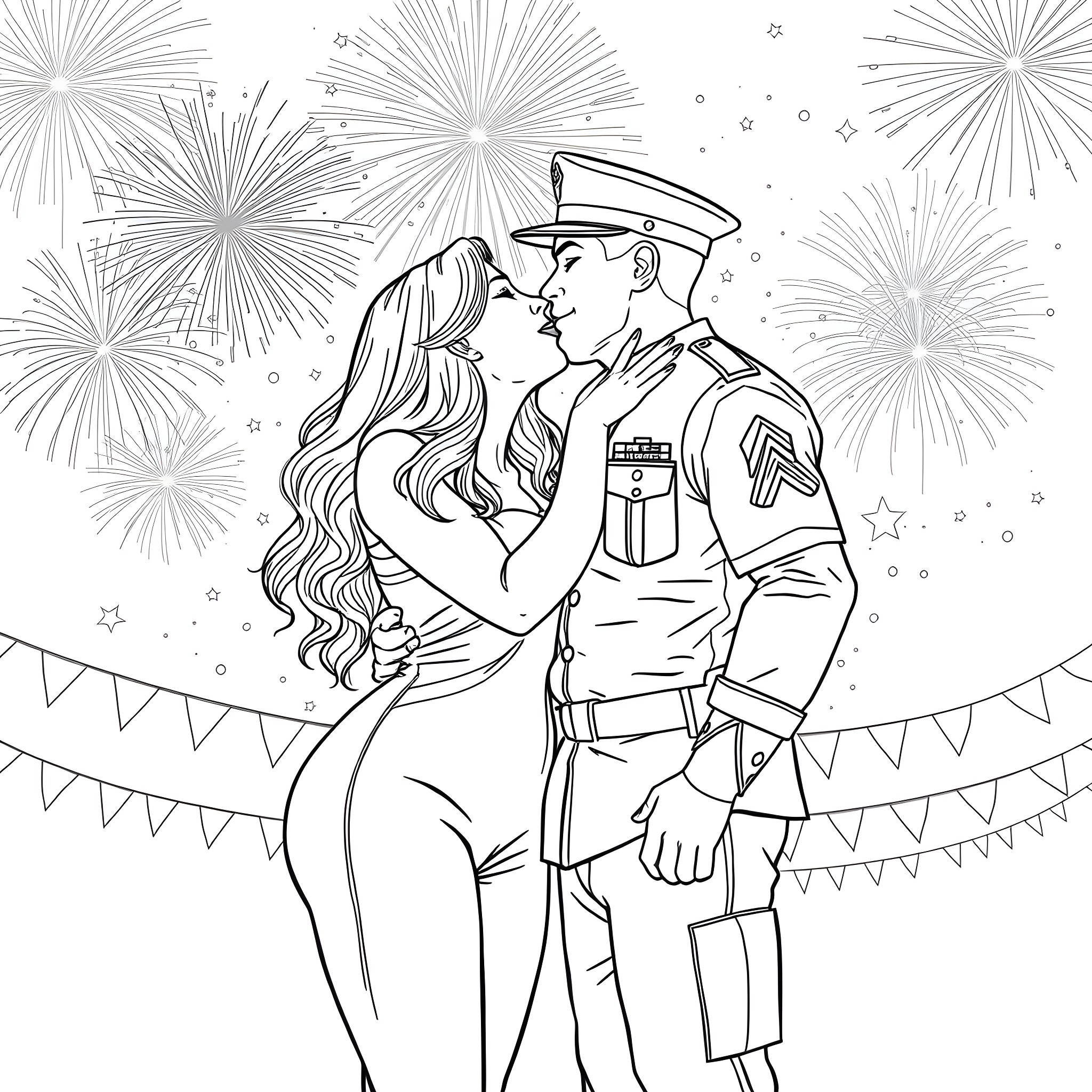 Woman embracing her soldier love under fireworks Coloring Page (free black-and-white line drawing printable PDF for all, from beginners to advanced learners, including children, teens, adults, and seniors)