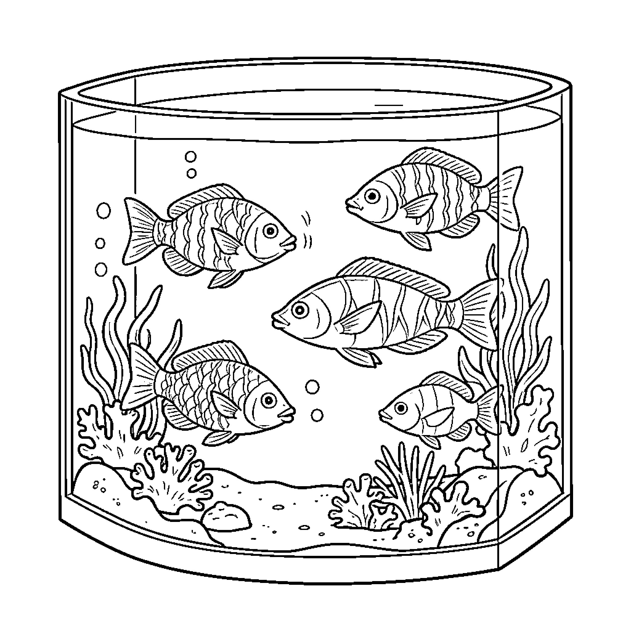 Fish swimming happily in an aquarium Coloring Page (free black-and-white line drawing printable PDF for all, from beginners to advanced learners, including children, teens, adults, and seniors)