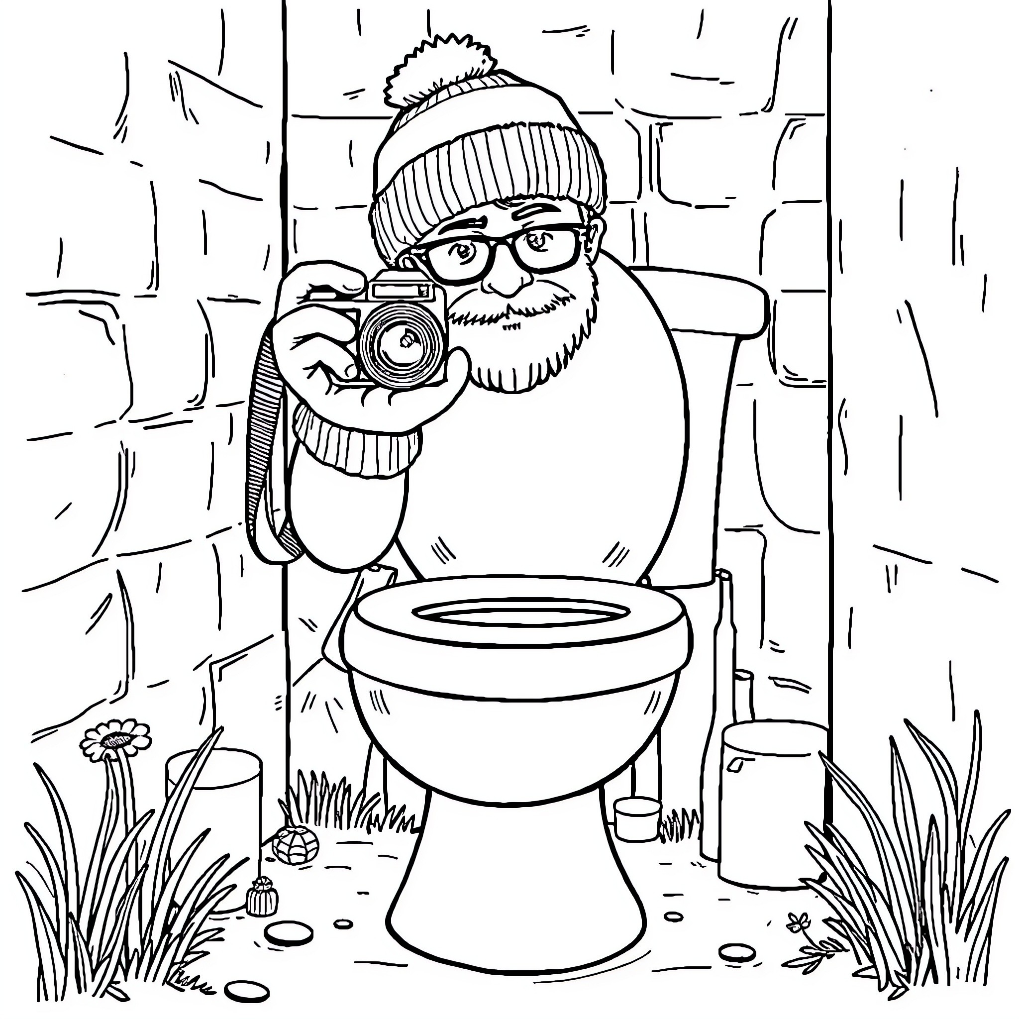 Skibidi Toilet: Photographer captures quirky outdoor scene Coloring Page (free black-and-white line drawing printable PDF for all, from beginners to advanced learners, including children, teens, adults, and seniors)