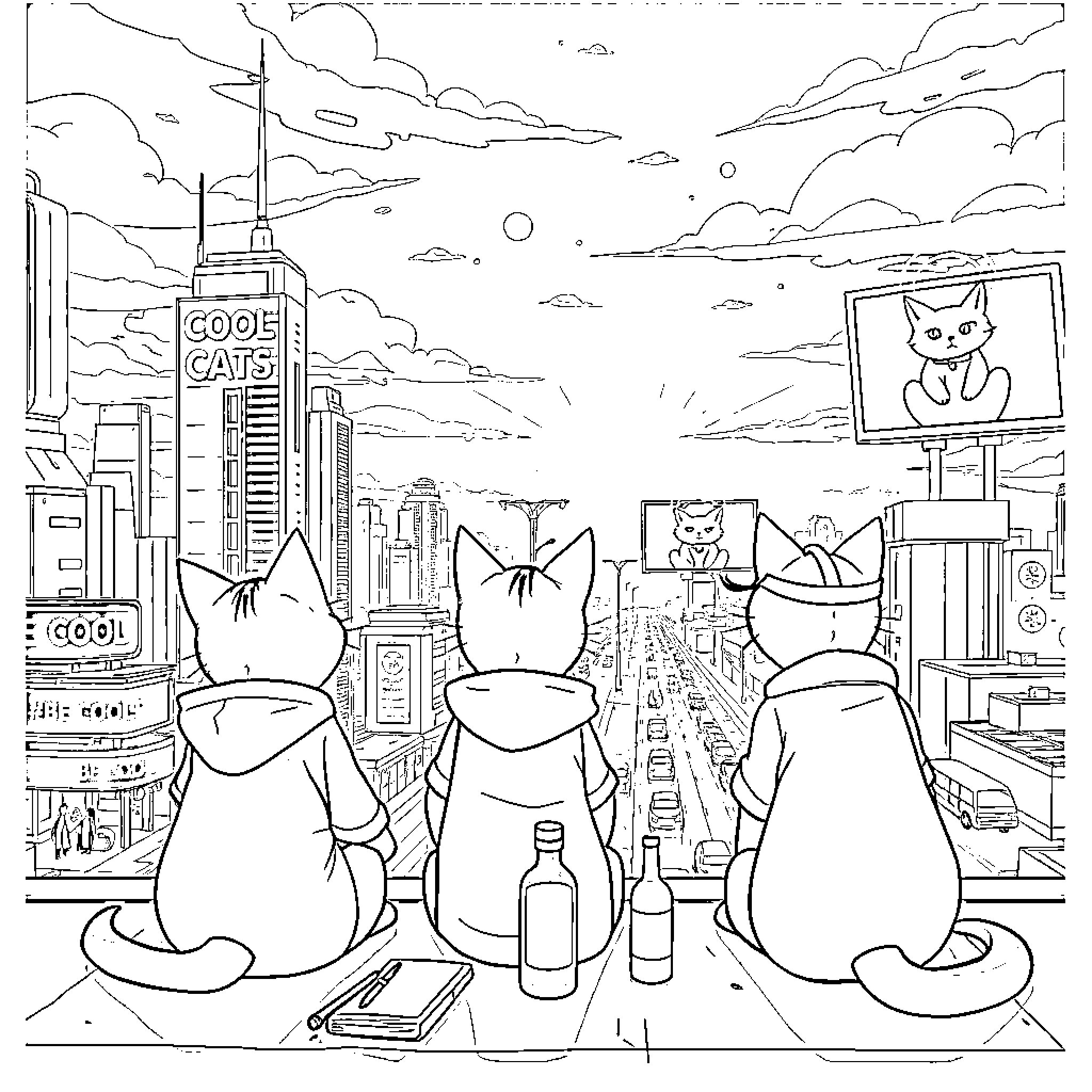 Cats Observing the City from the Street Coloring Page (free black-and-white line drawing printable PDF for all, from beginners to advanced learners, including children, teens, adults, and seniors)