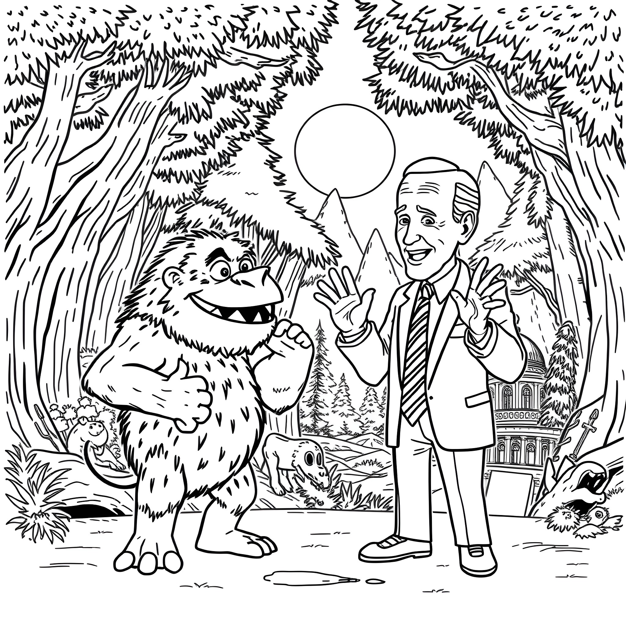 Grug and the Friendly Monster Meet the Formal Man Coloring Page (free black-and-white line drawing printable PDF for all, from beginners to advanced learners, including children, teens, adults, and seniors)