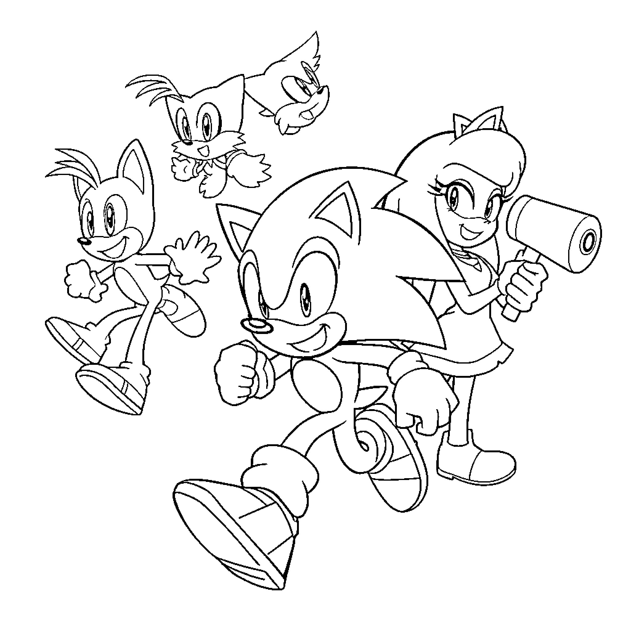 Sonic and friends in action-packed adventure Coloring Page (free black-and-white line drawing printable PDF for all, from beginners to advanced learners, including children, teens, adults, and seniors)