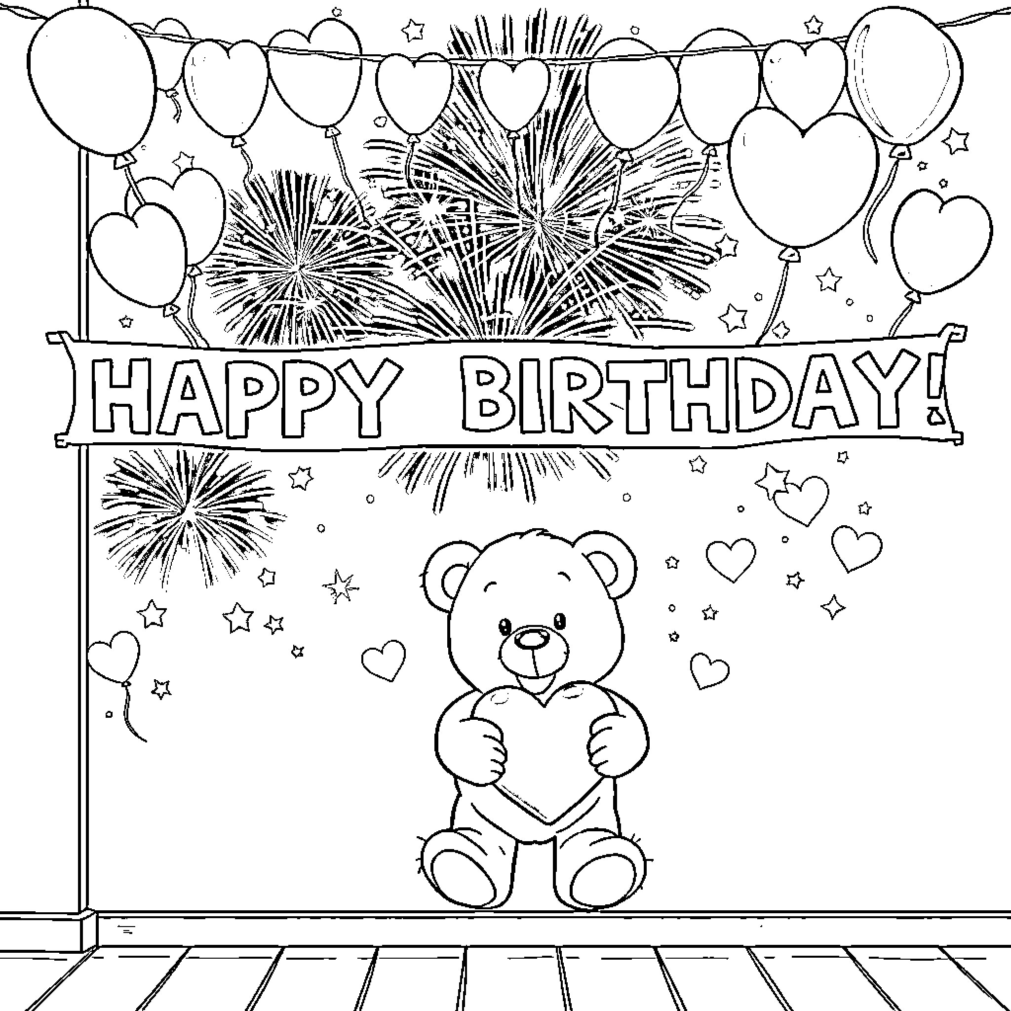 Teddy Bear Celebrates Happy Birthday with Balloons and Fireworks Coloring Page (free black-and-white line drawing printable PDF for all, from beginners to advanced learners, including children, teens, adults, and seniors)