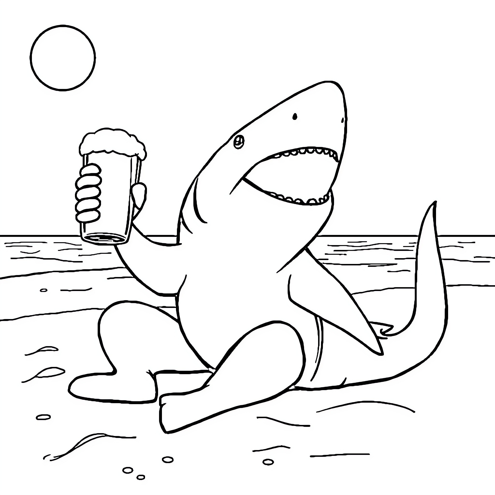 Hammerhead Shark enjoying a refreshing beverage Coloring Page (free black-and-white line drawing printable PDF for all, from beginners to advanced learners, including children, teens, adults, and seniors)