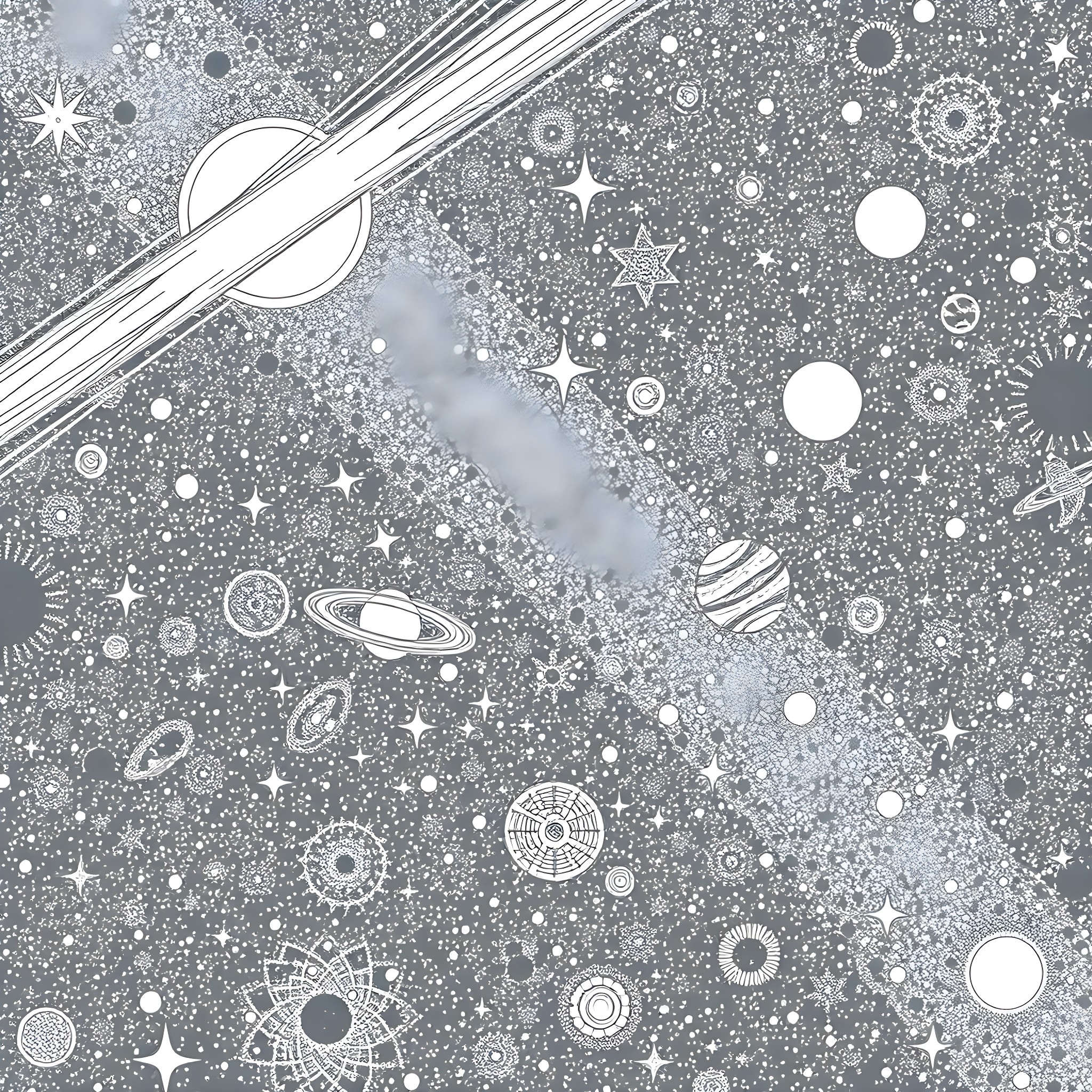 Space exploration with celestial bodies and stars Coloring Page (free black-and-white line drawing printable PDF for all, from beginners to advanced learners, including children, teens, adults, and seniors)
